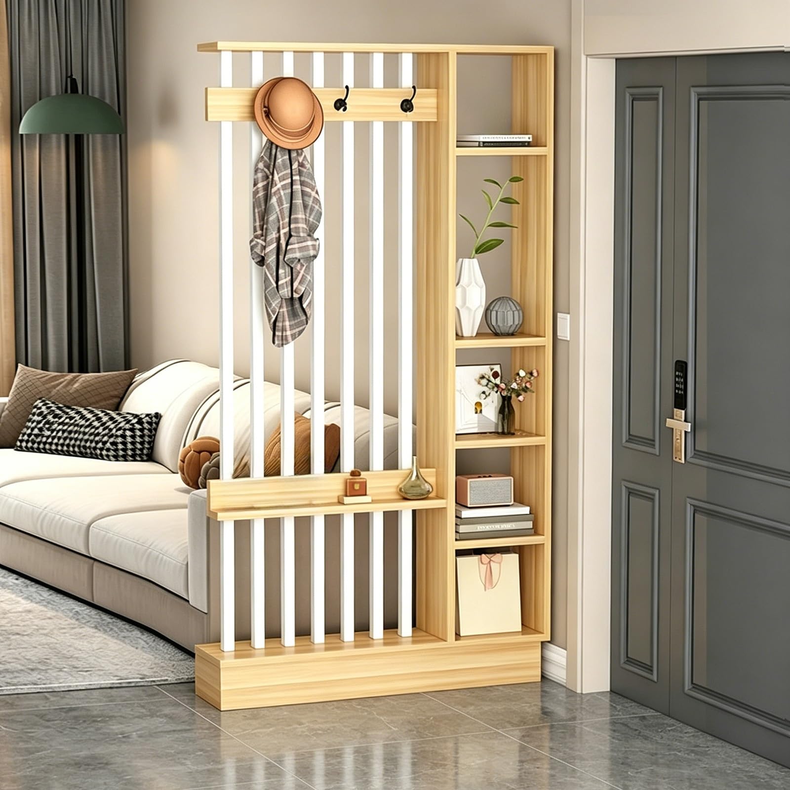 Wall Room Divider, Freestanding Slat Partition with Coat Rack & Shelves, Modern Privacy Screen for Entryway, Living Room and Hallway(Light Walnut+White,100cm/39.4in)