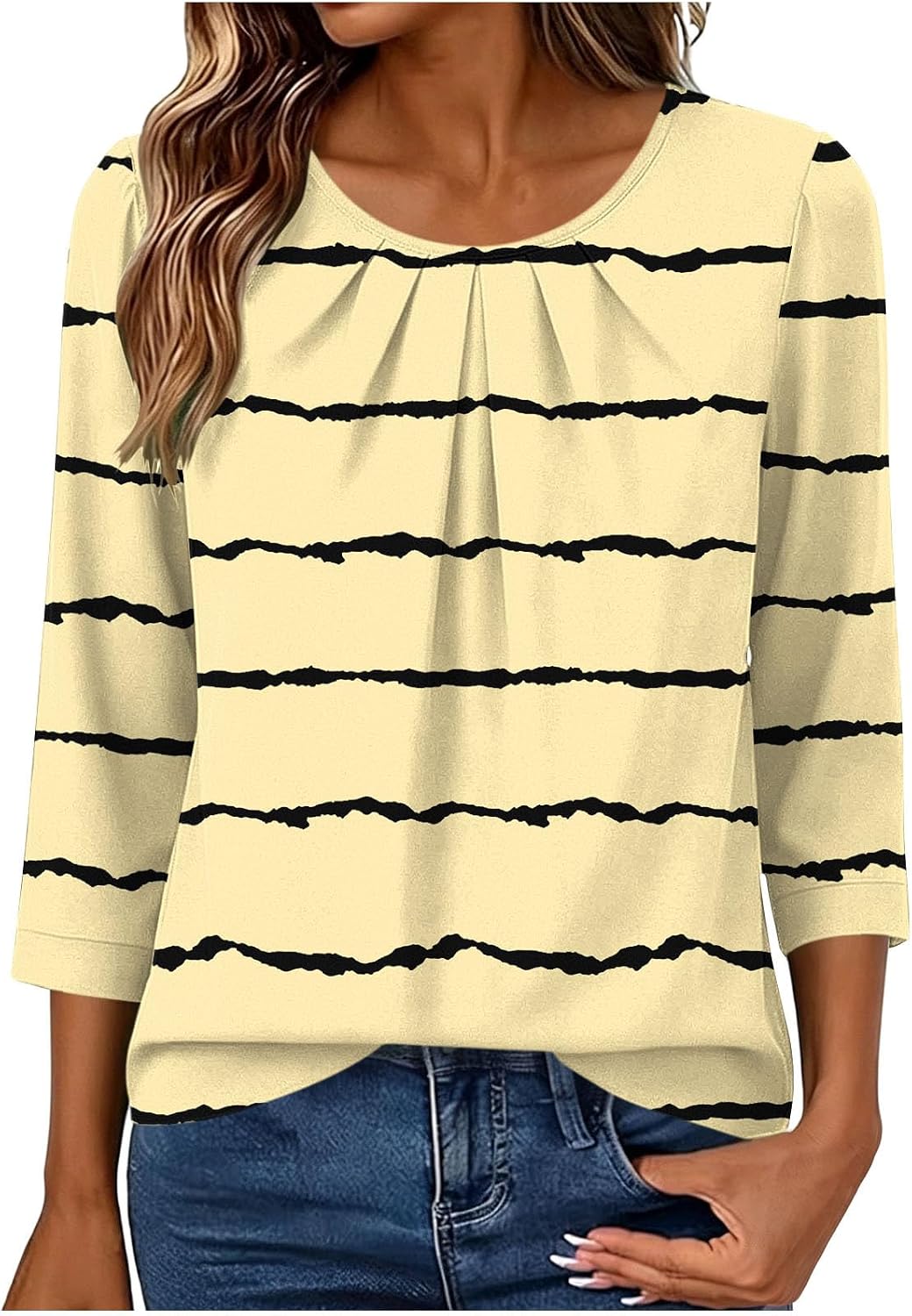 Womens Striped Printed Top Crew Neck Pleated 3/4 Sleeve T Shirts | Casual Loose Tunic Tees Lightweight Breathable Plus Size Travel Vacation Blouses Flowy Business Outfits