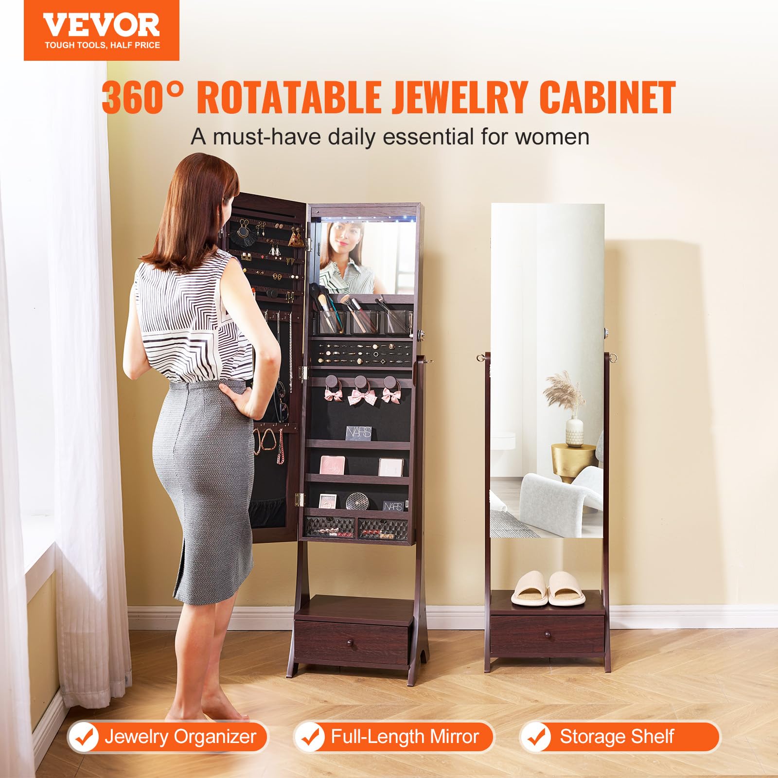 VEVOR Armario para Joyas de 41 x 36 x 157 cm con Espejo, Organizador de Espejos de Joyas con Cerradura y Espejo de Cuerpo Entero, Forro de Terciopelo, Luz LED, Cajón para Joyas, valores, Marrón