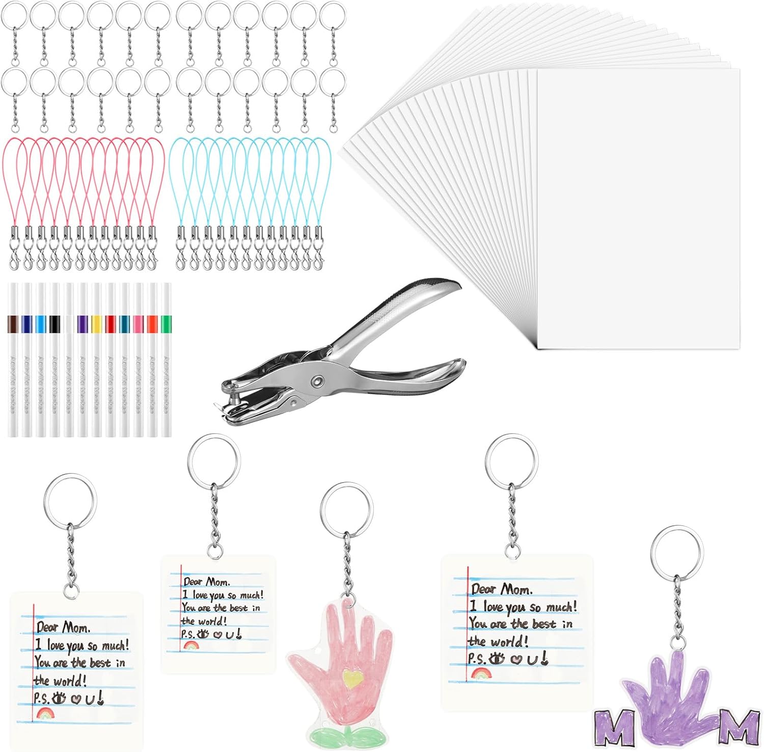 Suncalla 145 Pcs DIY Mother's Day Shrink Film Notebook Paper Keychain Kit DIY Teacher Thank You Gift Including 24 Shrinky Paper Sheets 12 Markers 108 Art Keychains Punch Forgraduation End of Year