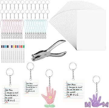 Suncalla 145 Pcs DIY Mothers Day Shrink Film Notebook Paper Keychain Kit DIY Teacher Thank You Gift Including 24 Shrinky Paper Sheets 12 Markers 108 Art Keychains Punch Forgraduation End of Year