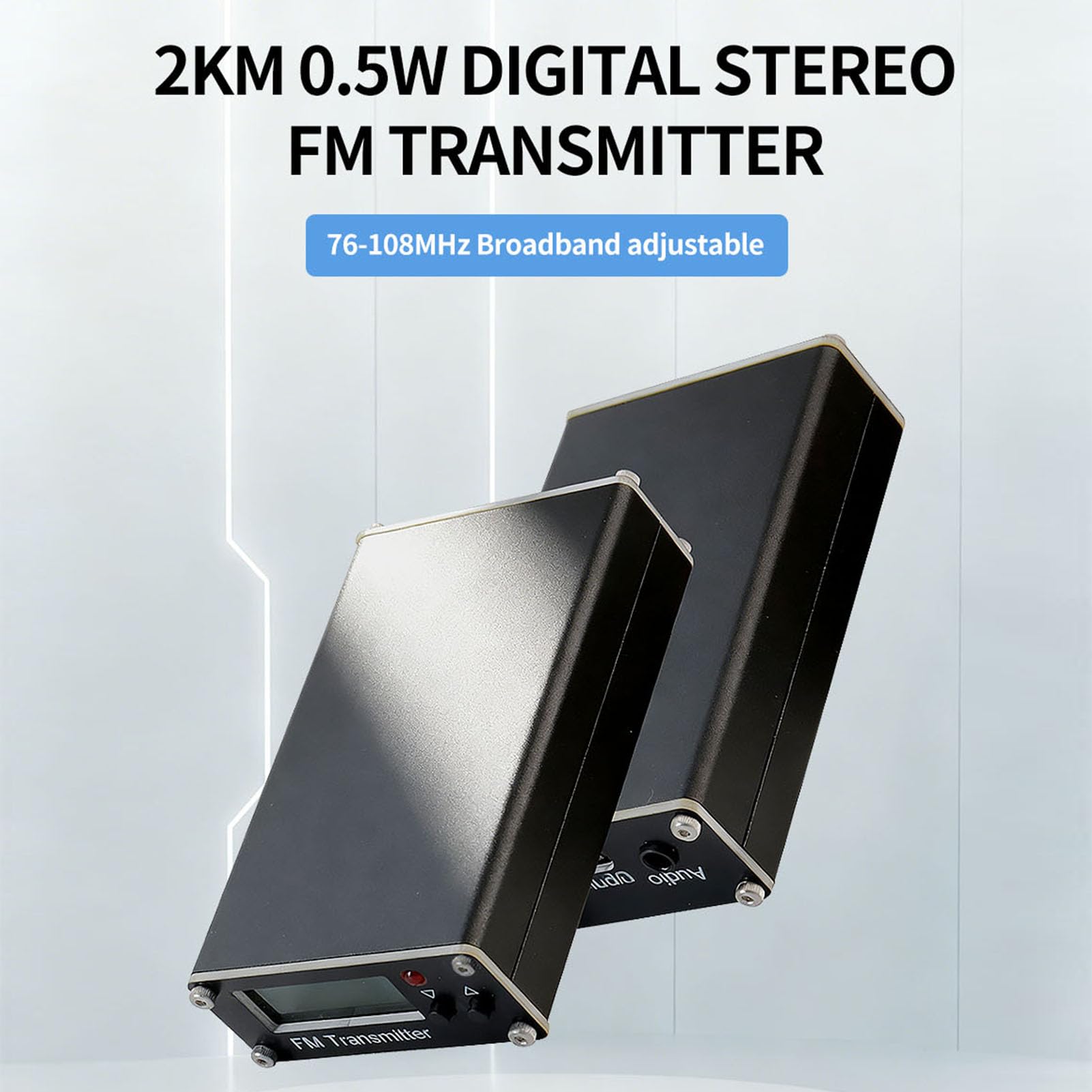Digitales FM-Sendermodul, 0,5-W-Digitalanzeige, Stereo-FM-Radiosender, 76–108 MHz Einstellbare Frequenz, 2000 M Reichweite, Kompakter Tragbarer Sender für Telefon, PC, MP3 (Black)