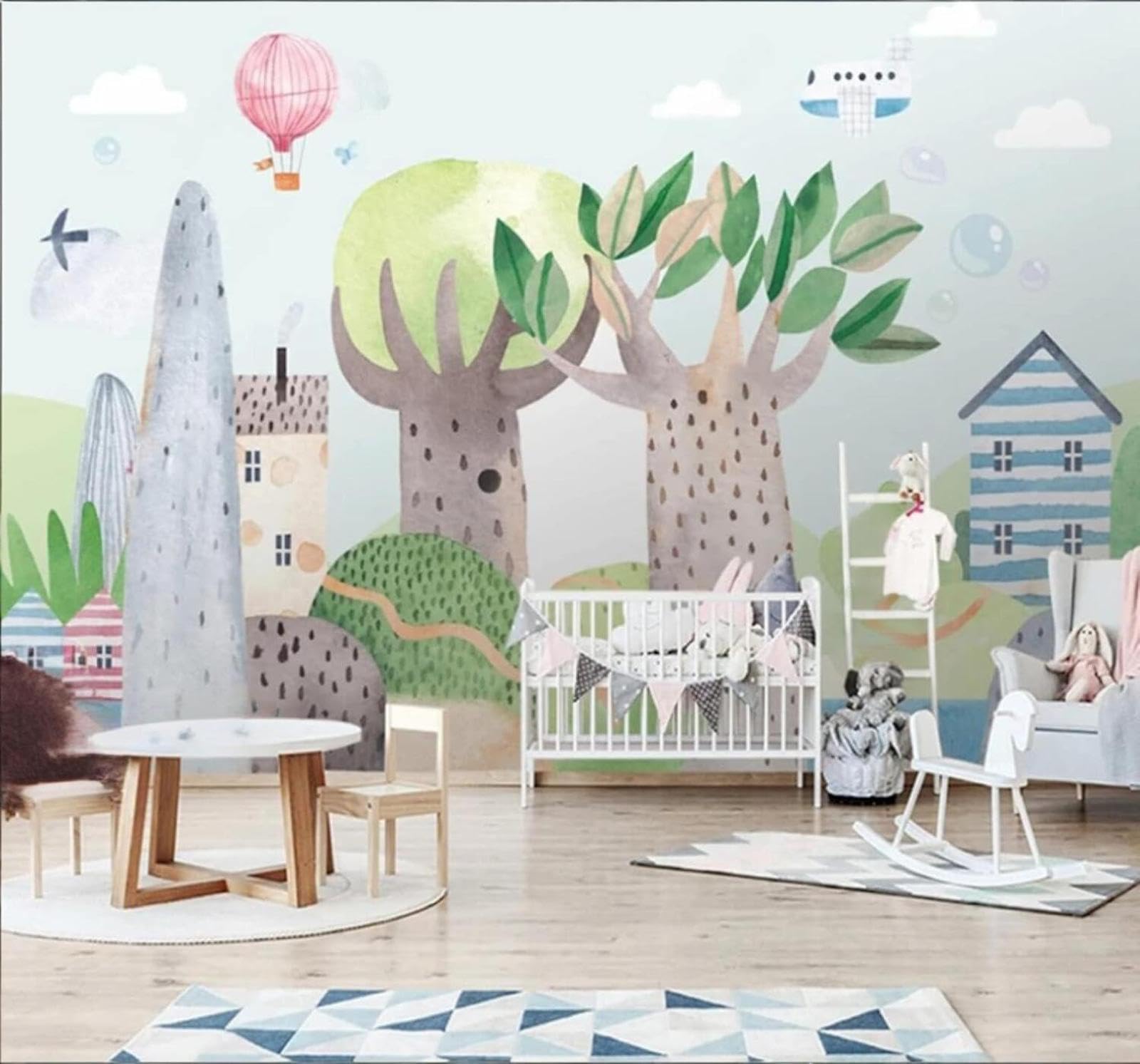 Hand Drawn Cartoon Trees Hot Air Balloons Houses 3D Wallpaper Easy Install Feature Office Living Room Sofa Bedroom TV Background Wall Decoration-150cm×105cm