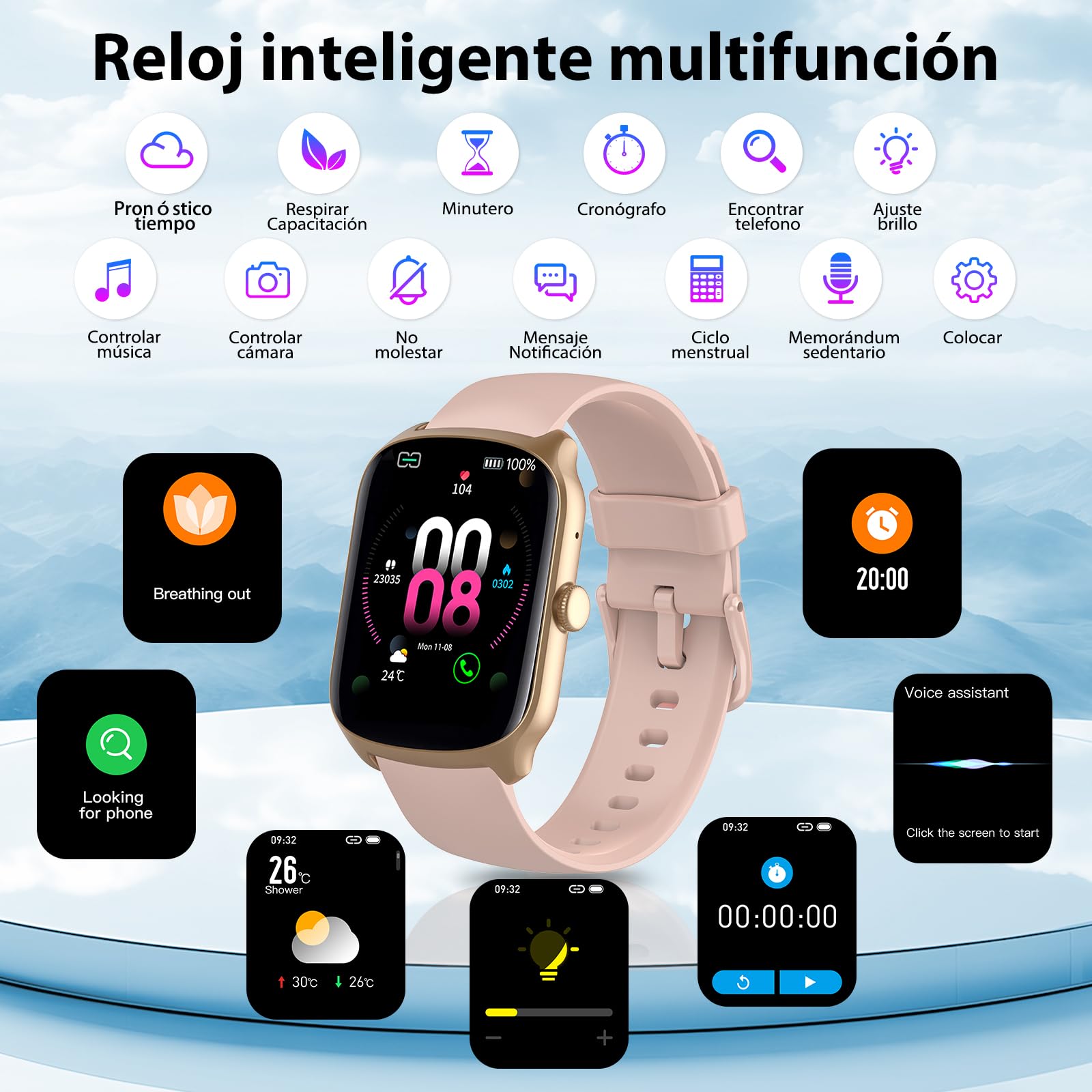 Qecnato Reloj Inteligente Hombre Mujer, Smartwatch 1.95'' Pantalla, 112+ Modos Deportivos, IP68, Rosa