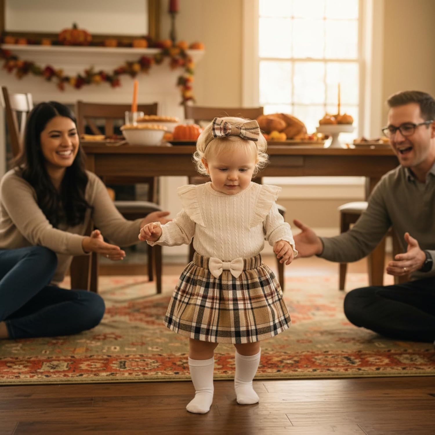 Weixinbuy Baby Girls Fall Outfits 3-Piece Set Long Sleeve Romper & Plaid Skirt Headband Soft Snap Closure 0-18M - Image 7