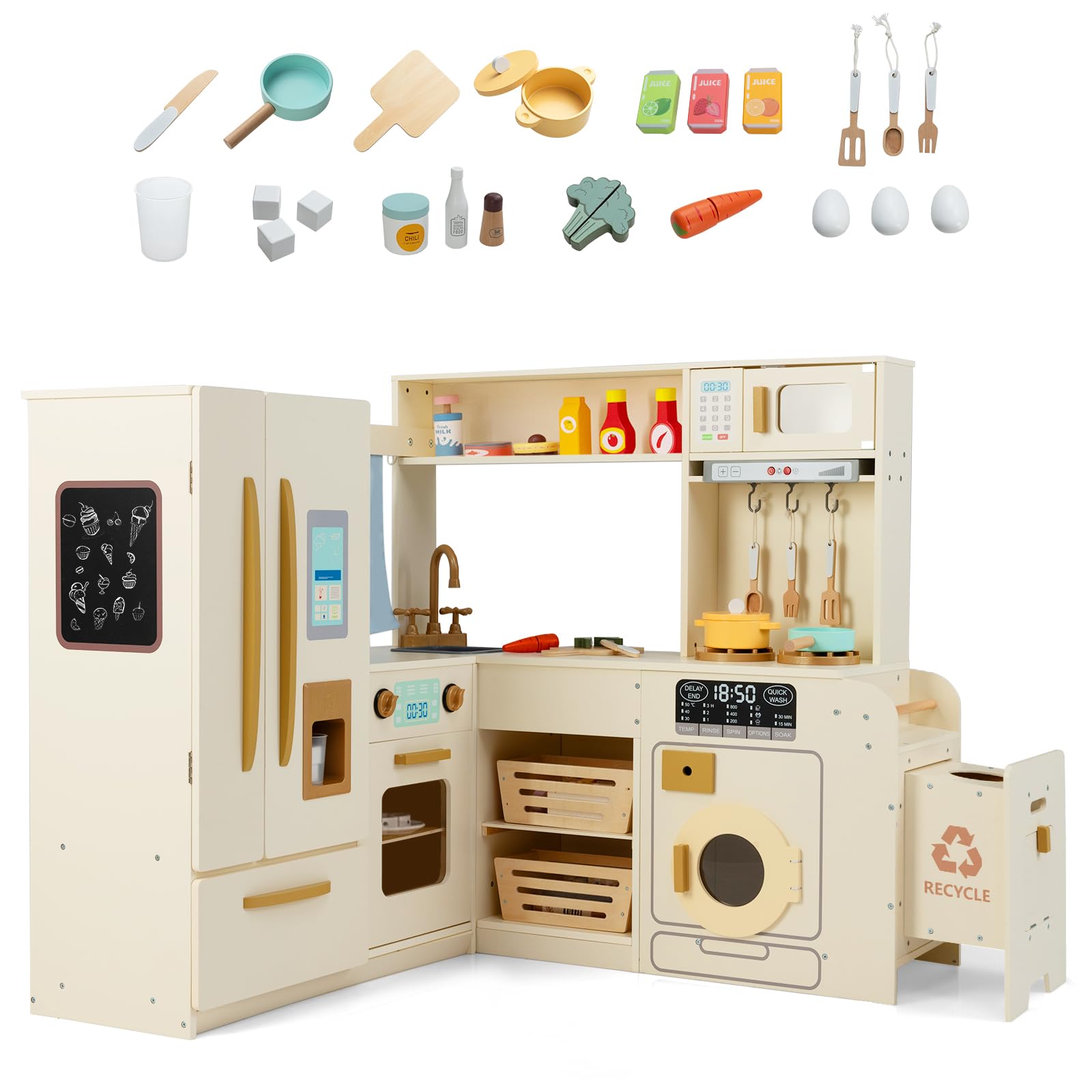 COSTWAY Kids Play Kitchen, Wooden Corner Pretend Kitchen with Lights & Sounds, Fridge, Ice Maker, Trash Can, 22 Accessories, Children's Chef Role Play Set for Boys Girls (Beige)