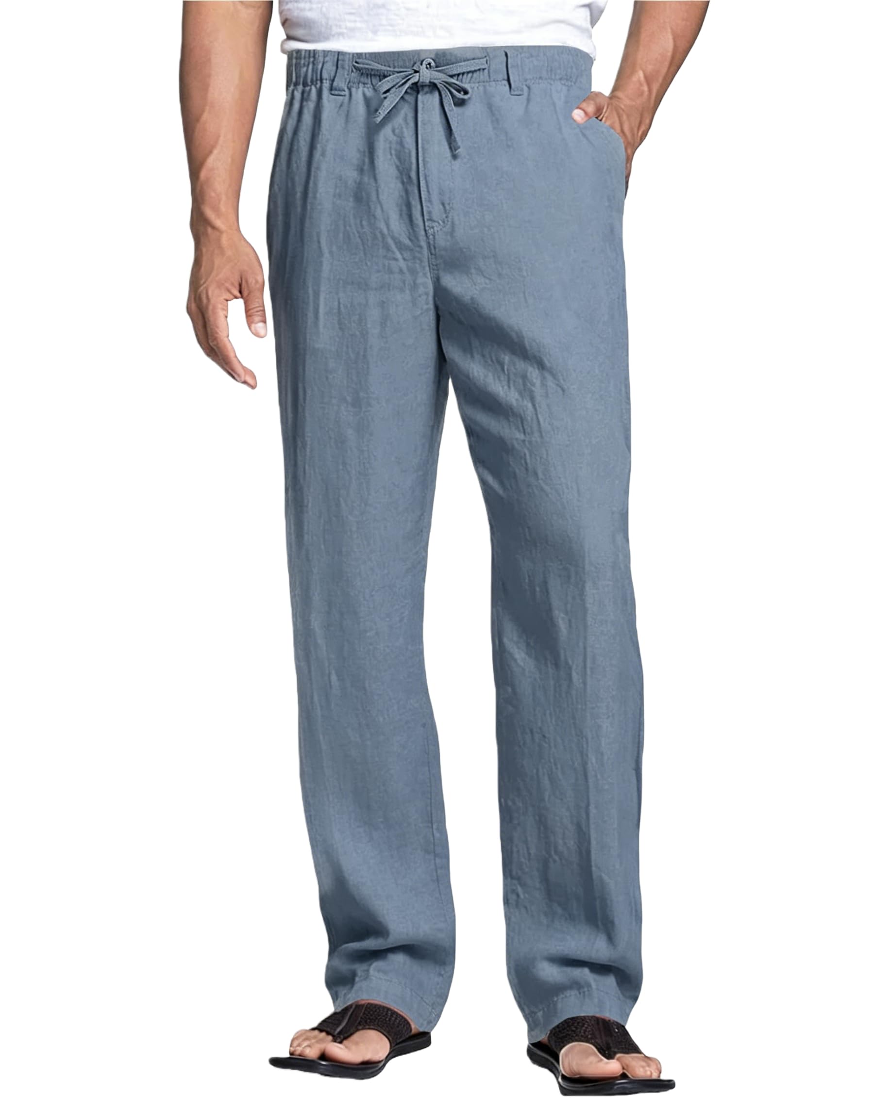 Cegerne Pantaloni di Lino Uomo Estivo Lungo Leggero Casual, Vita Elastica Zip e Coulisse, Tasche Traspiranti per Spiaggia Vacanze Quotidiano