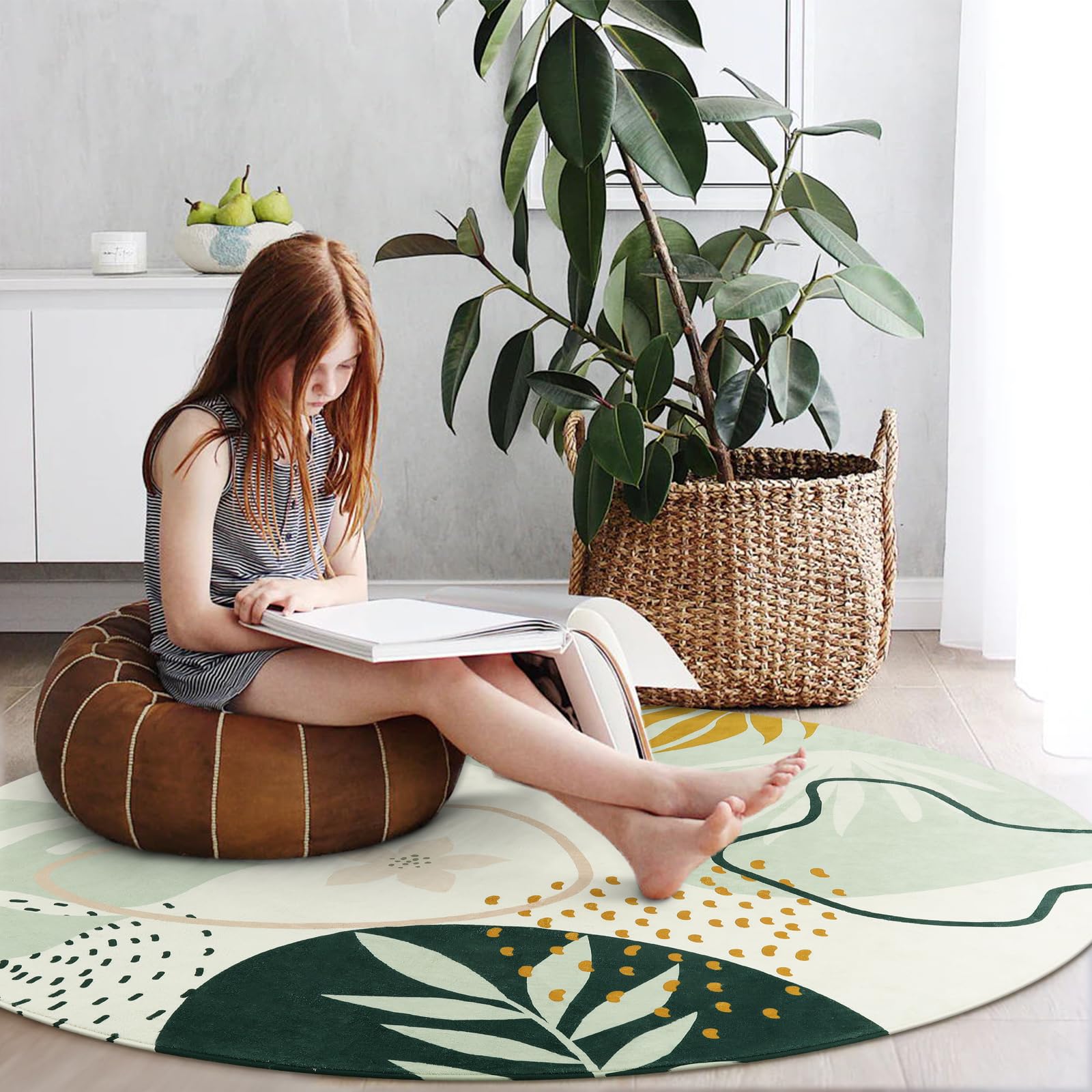 Lahome Boho Round Rugs - 4Ft Washable Non-Slip Small Round Area Rug Throw Soft Cute Round Nursery Rug Non-Shed Lightweight Bathroom Rug, Green Botanical Print Circle Rug for Bedroom Dorm Kids Room