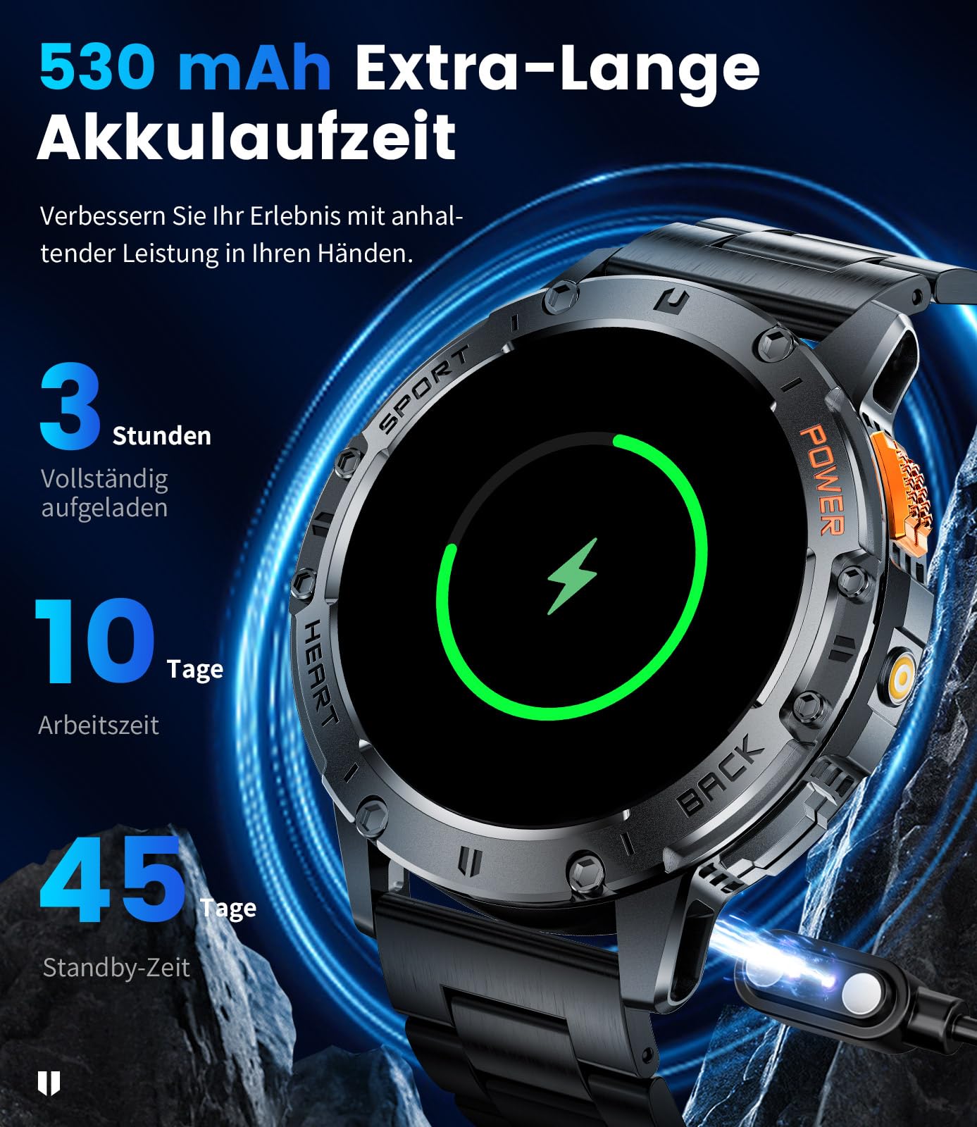 Militär Smartwatch Herren mit LED-Licht/530 mAh Batterie,1,43" AMOLED Smartwatch Fitnessuhr mit 120 Sportmodi/Herzfrequenzmonitor/Schlaf/SpO2,IP68 Wasserdicht Schrittzähler für Android iOS,3 Armbänder