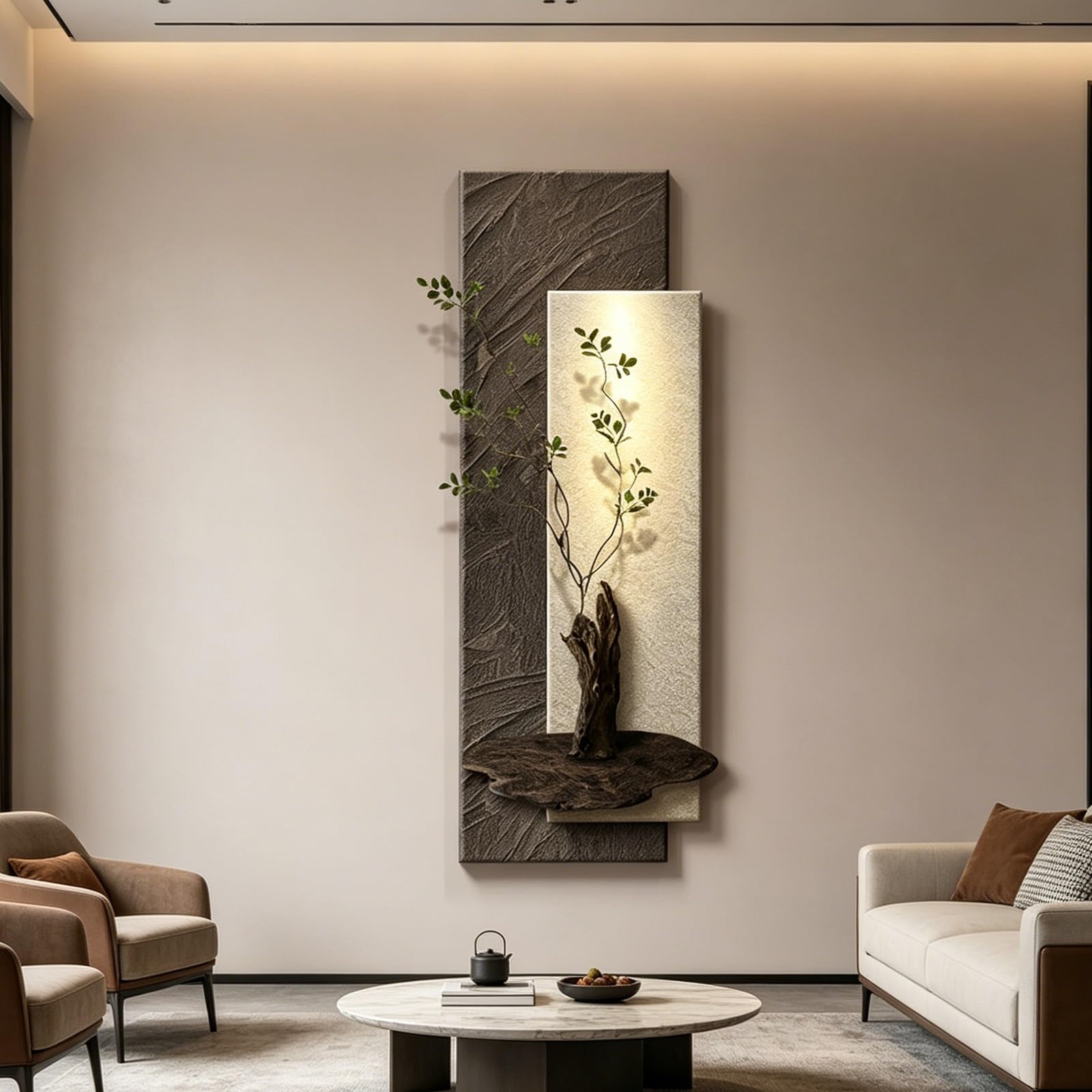 PGZMDTWI 3D Wall Art with Sandstone Texture, LED Lighted Sculpture for Living Room Entrance Zen Décor(C,50 * 150CM 9.7 * 59.1)