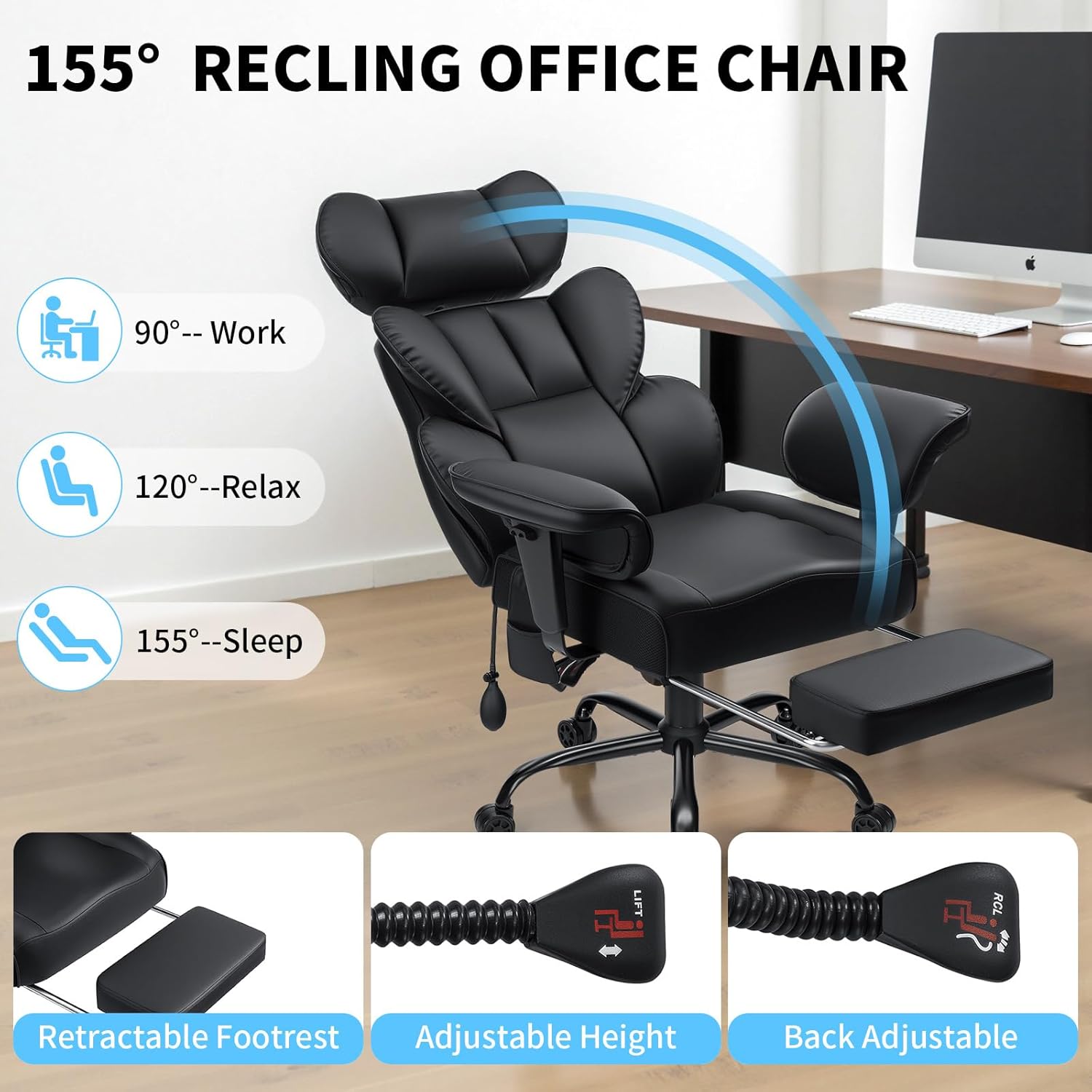 HOFFREE 400lbs Executive Office Chair with Adjustable Headrest & Lumbar Support Reclining Office Chairs for Heavy People Computer Desk Chair with Adjustable Padded Armrest Black