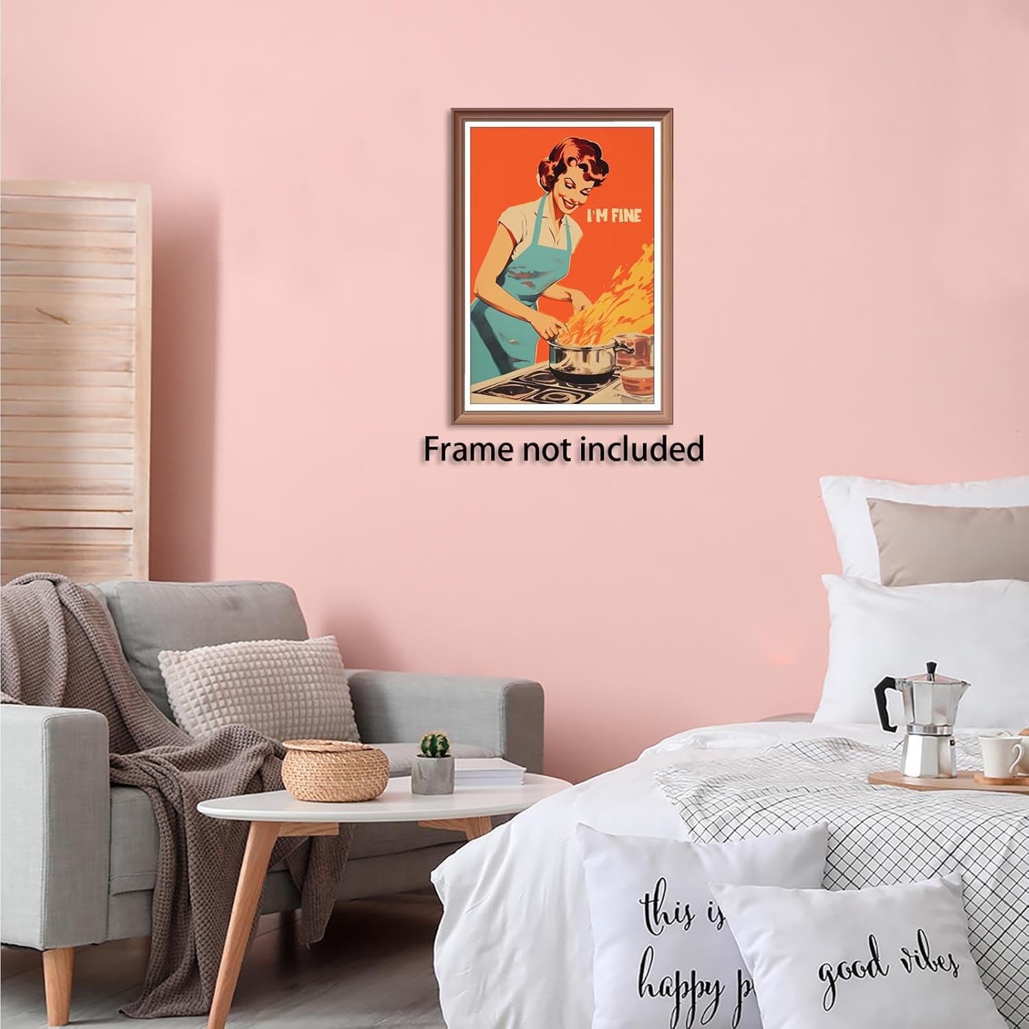 Vintage Funny Kitchen Wall Art I'M Fine Happy Housewife Canvas Prints Painting Retro 50s Fun Kitchen Cooking Flame Posters For Dining Room Wall Decor 12x16in Unframed - Image 3