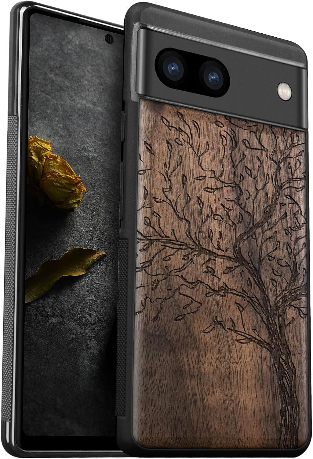 Carveit Wood Case for Pixel 8a Case [Natural Wood & Black Soft TPU] Shockproof Protective Unique Wooden Cover Compatible with Google Pixel 8a (The Vintage Olive Tree-Walnut)