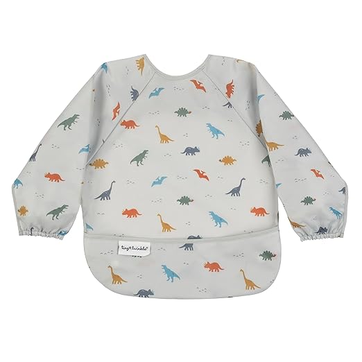 Tiny Twinkle Mess Proof Baby Bib,Waterproof Smock Baby Bib for Eating,Machine Washable Long Sleeve Bib,Baby Led Weaning,Toddler Bib,BLW Supplies(Dinosaur, Small 6-24 Months)