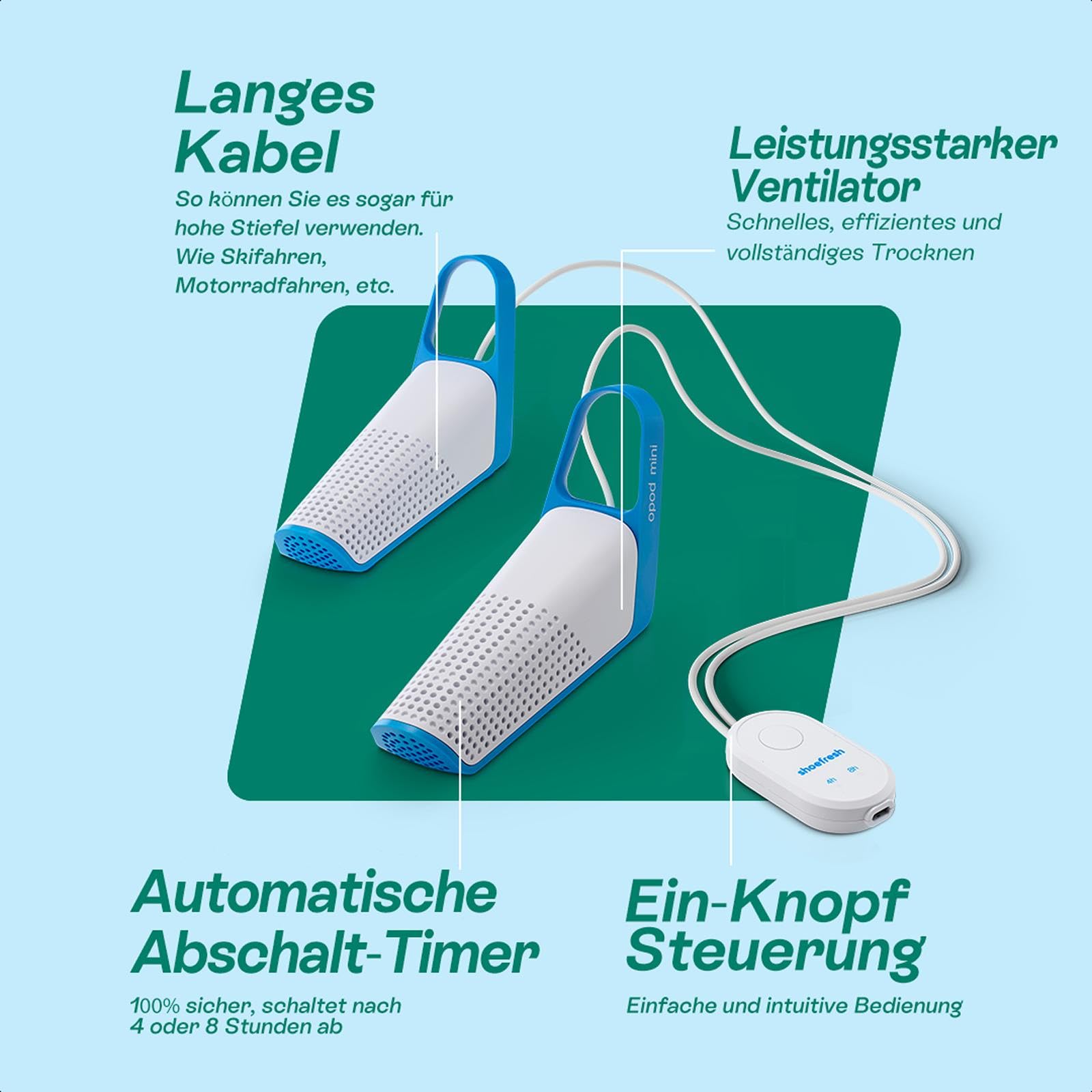 Shoefresh Opod Mini Elektrischer Schuhtrockner & Schuhdeo | Tragbares Schuhdeo gegen Geruch antibakteriell mit leistungsstarkem Lüfter | Fußballschuhe, Turnschuhe, Boxhandschuhe | USB-C Adapter, Timer