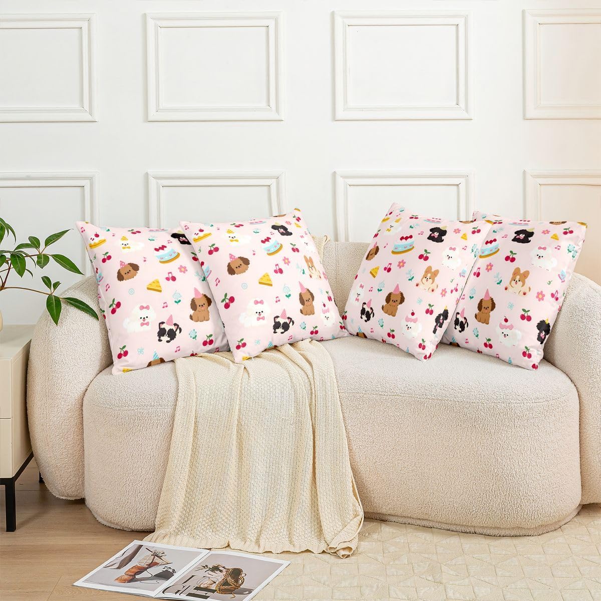 Party Hat Cute Puppy Throw Pillow Covers 16"x16" Set of 2 Light Pink Cherry Cake Dessert Cushion Covers for Living Room Kawaii Pet Doggy Decorative Pillowcases Dog Lovers Soft Pillows Covers image 5