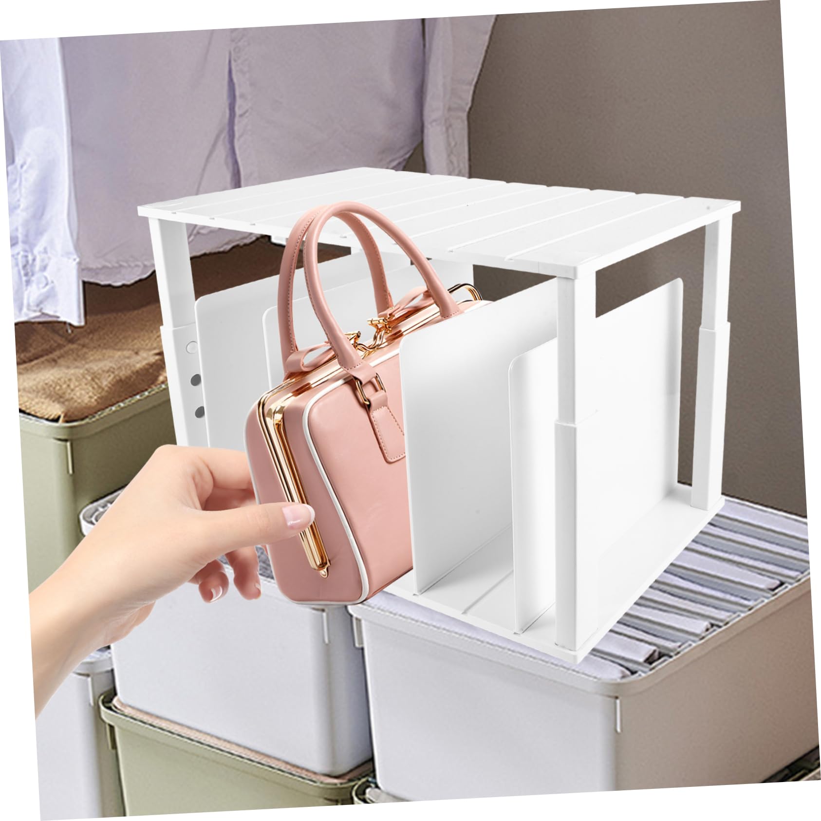Organizador de Bolsos de Armario Blanco Abs Ajustable 4 Separadores | Diseño de Doble Nivel, Bordes Lisos sin Rebabas, Particiones Regulables, Almacenamiento Versátil