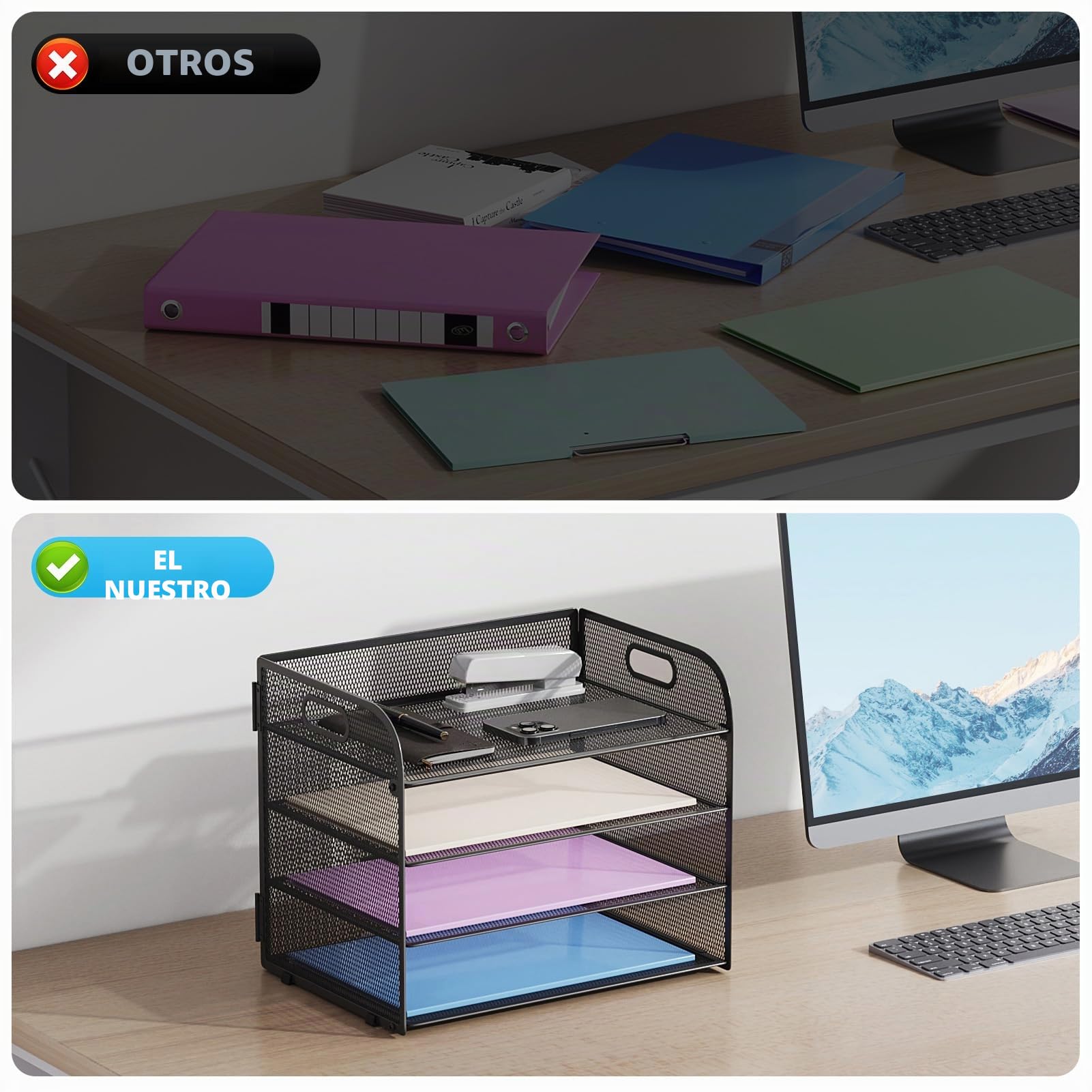 Marbrasse Bandejas de Escritorio Organizador,Bandeja de Papel de Carta de 4 Niveles con Asa,Bandeja de Malla para Escritorio Oficina Hogar A4 Archivo Almacenamiento de Documentos (Negro)