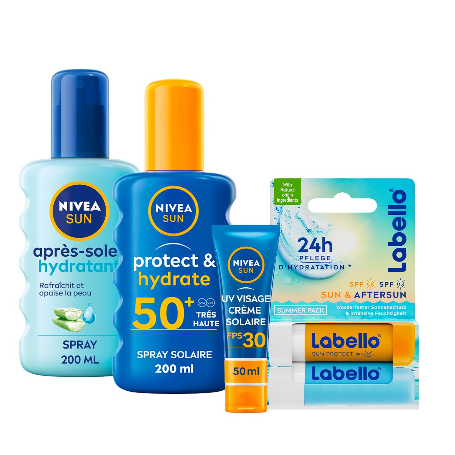 NIVEA SUN - Coffret Protection Solaire - Crème Solaire Visage FPS 30 (50 ml) + Spray Protect & Hydrate FPS 50+ (200 ml) + Spray Après Soleil (200 ml) + Duo Labello Sun & After Sun + Ballon De Plage