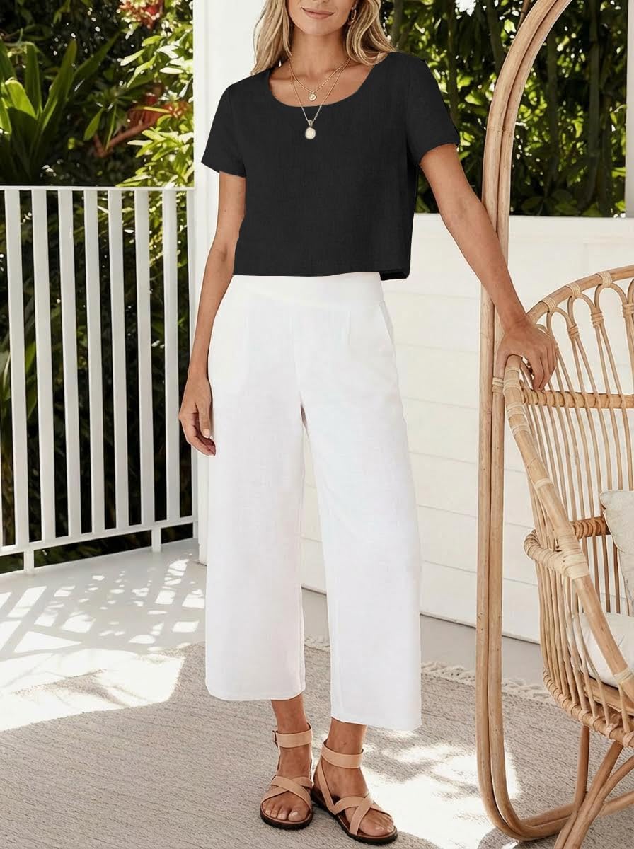 IDEALSANXUN Womens Short Sleeve Linen Shirts Casual Spring Summer Scoop Neck Cute Crop Blouse Tops - Image 3