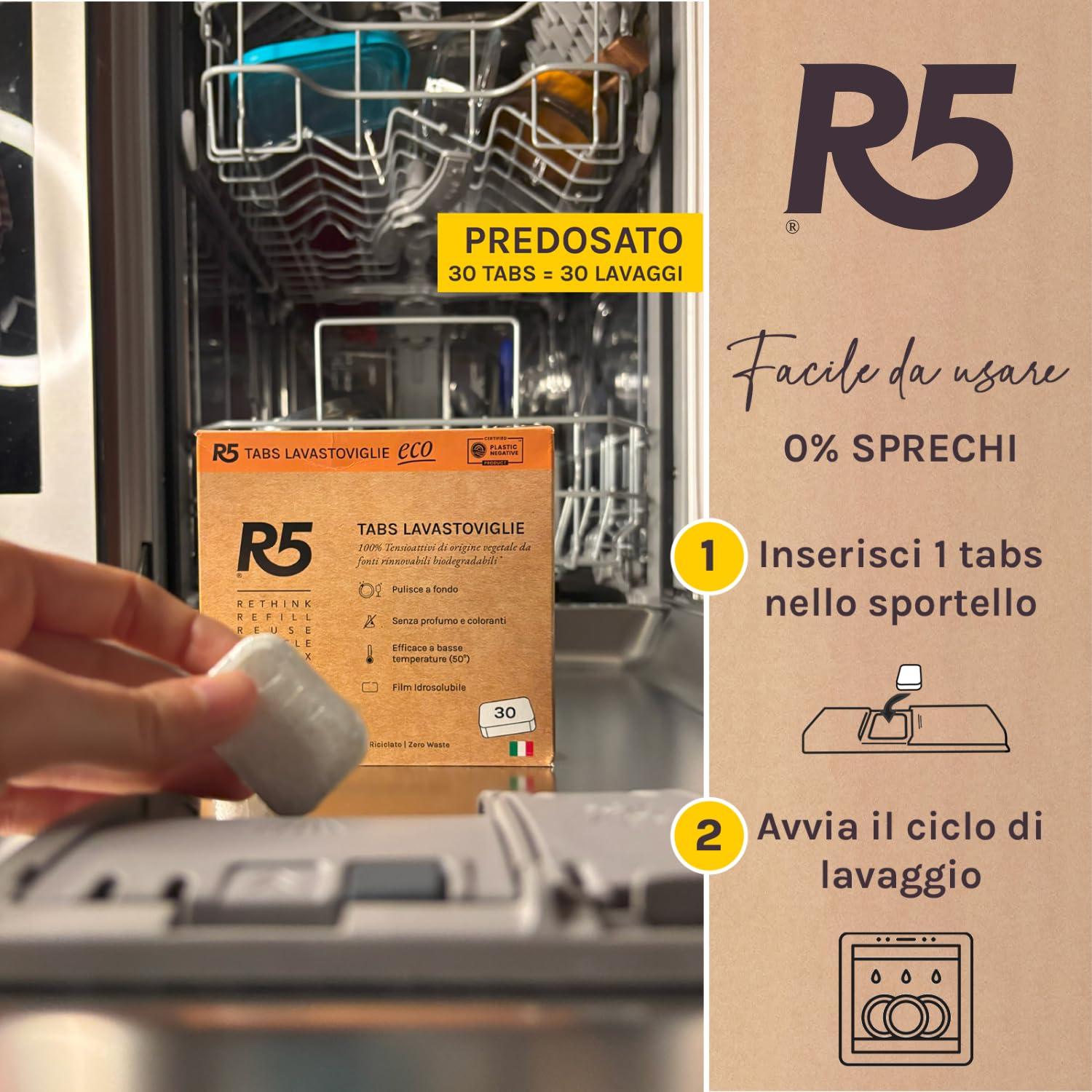 R5, Eco Tabs Lavastoviglie, 120 Pastiglie Lavastoviglie, con Tensioattivi di Origine Vegetale, Certificate Ecolabel, Climate Partner, Made in Italy, 4 x 30 Pods
