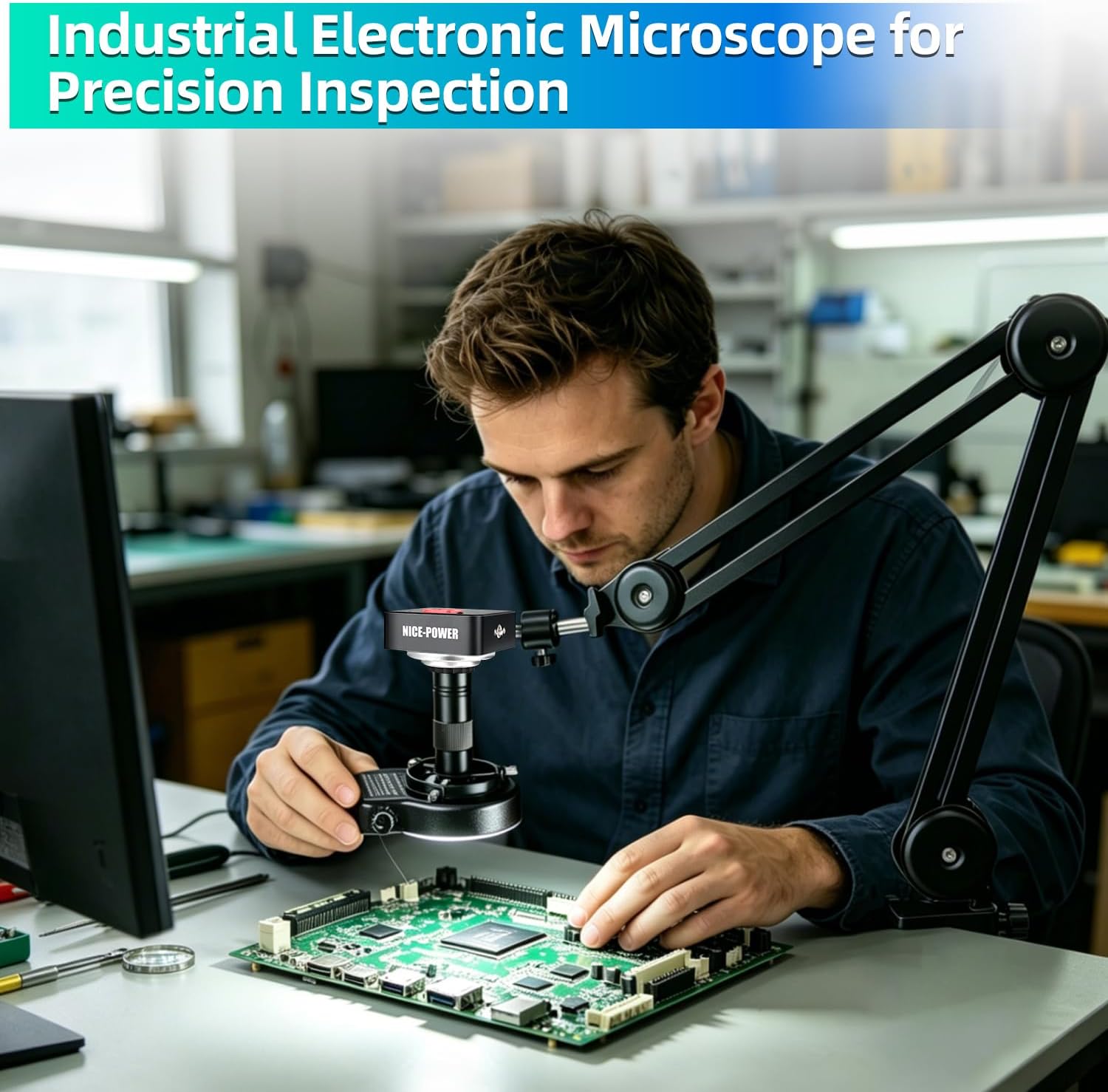 NICE-POWER Digital Microscope Camera, 60MP 1080P 4K HDMI USB Industrial Video Microscope, 150X Zoom C-Mount Lens, Foldable Stand, LED Ring Light, Soldering Microscopes for Electronics Repair