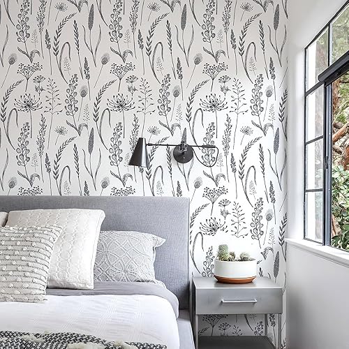 Miniatura 5 de Papel tapiz para despegar y pegar, papel tapiz con diseño floral de madera silvestre en blanco y negro, papel tapiz extraíble, moderno papel tapiz