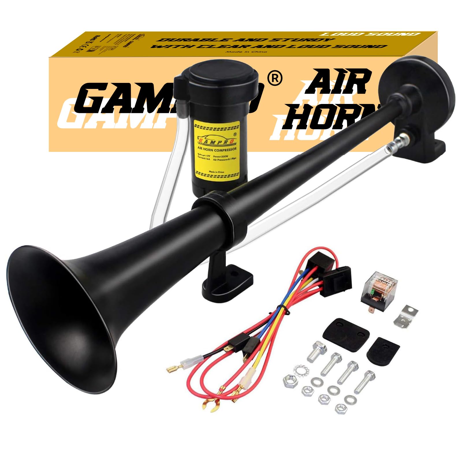 GAMPRO 12V 150db Air Horn, 45cm Chrome Zinc Unique trompette Camion Air Horn avec compresseur pour tous les véhicules 12V Camions Lorrys Trains Bateaux Voitures (Noir)
