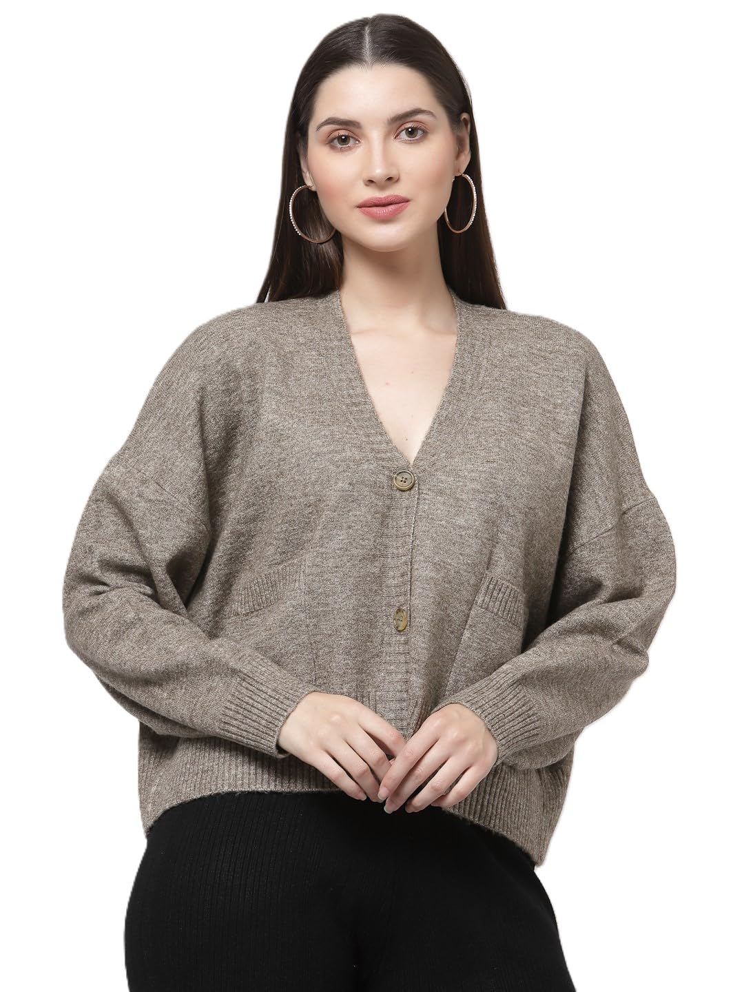513 Women's Woolen V-Neck Buttoned Cardigan Sweater with Front Pockets for Winter Wear Brown-picture-13