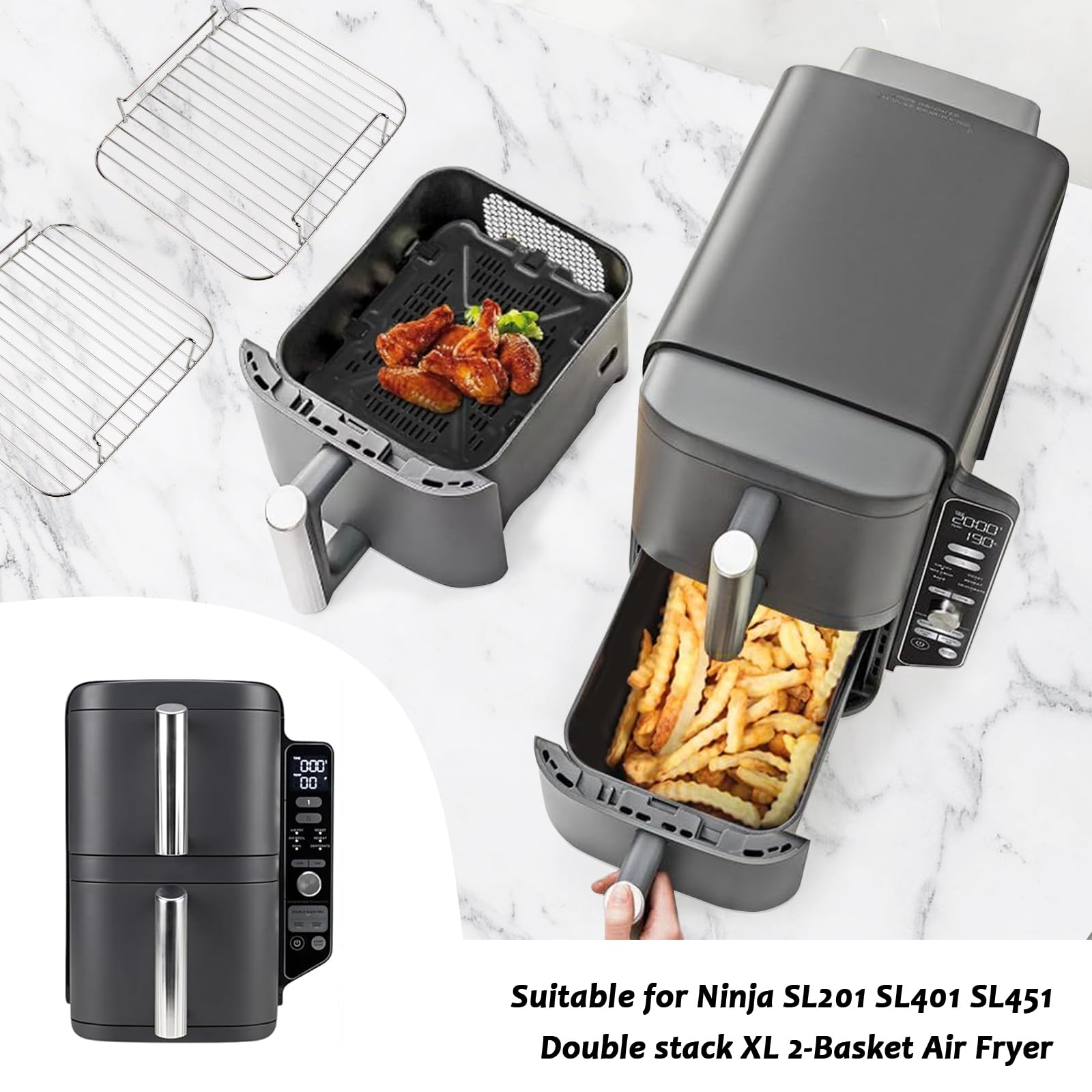 2 Stück Air Fryer Grill Pfanne für Ninja SL401 Dual Stack XL 2,Ersatz Airfryer Crisper Plate Grill Tray Zubehör,Air Fryer Replacement Parts Grillplatte Tray mit Gummipuffer und Halterung