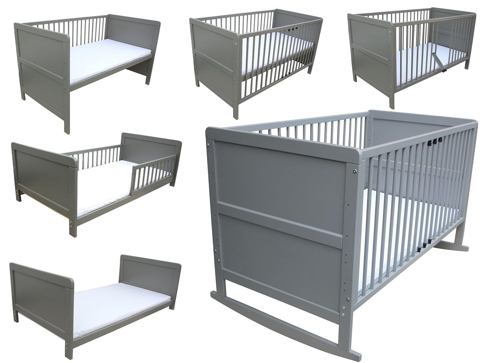 Micoland Kinderbett Juniorbett Beistellbett Wiege 140x70 cm 4in1 mit Matratze grau