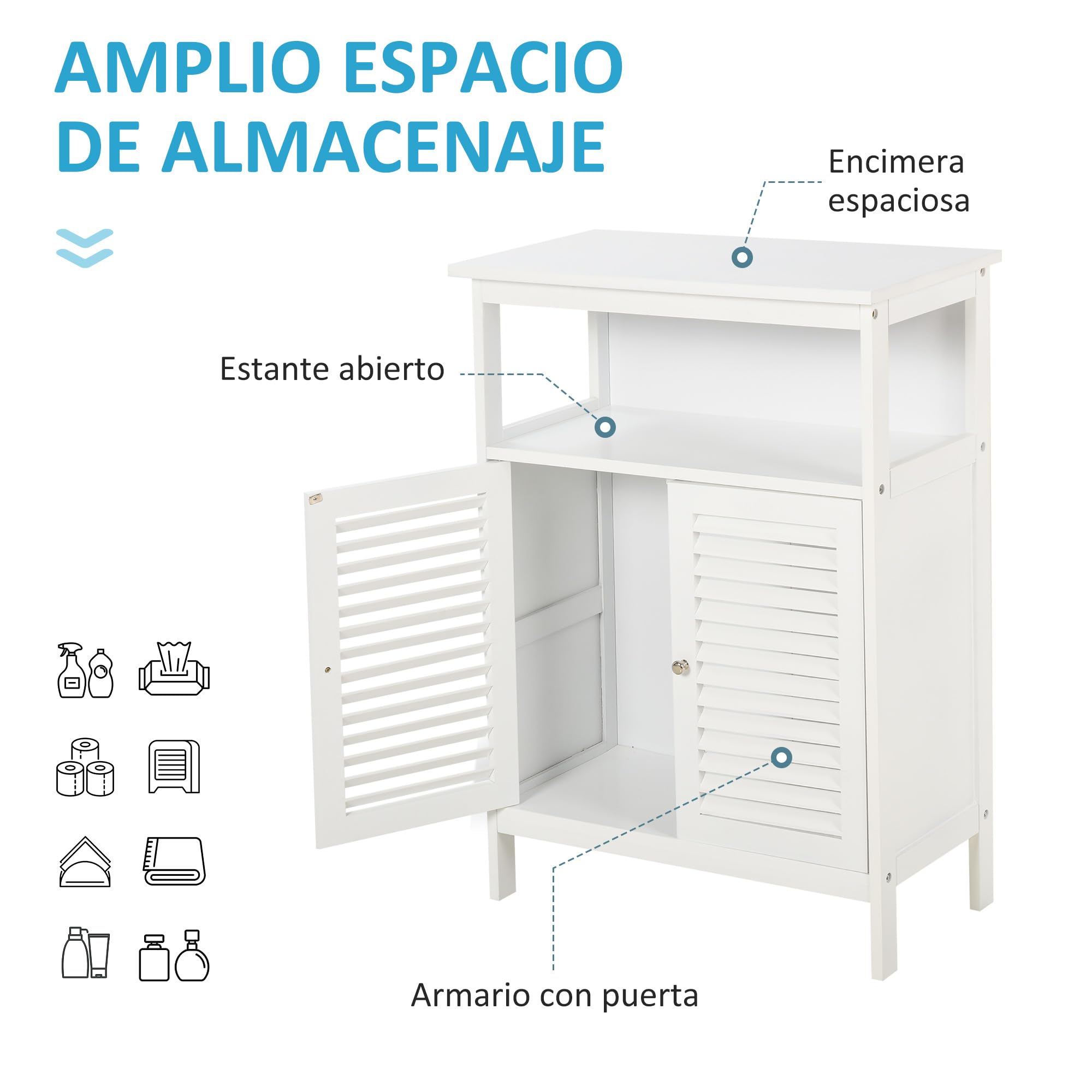 kleankin Mueble de Baño con 2 Puertas de Persianas 60x30x81,6 cm Blanco