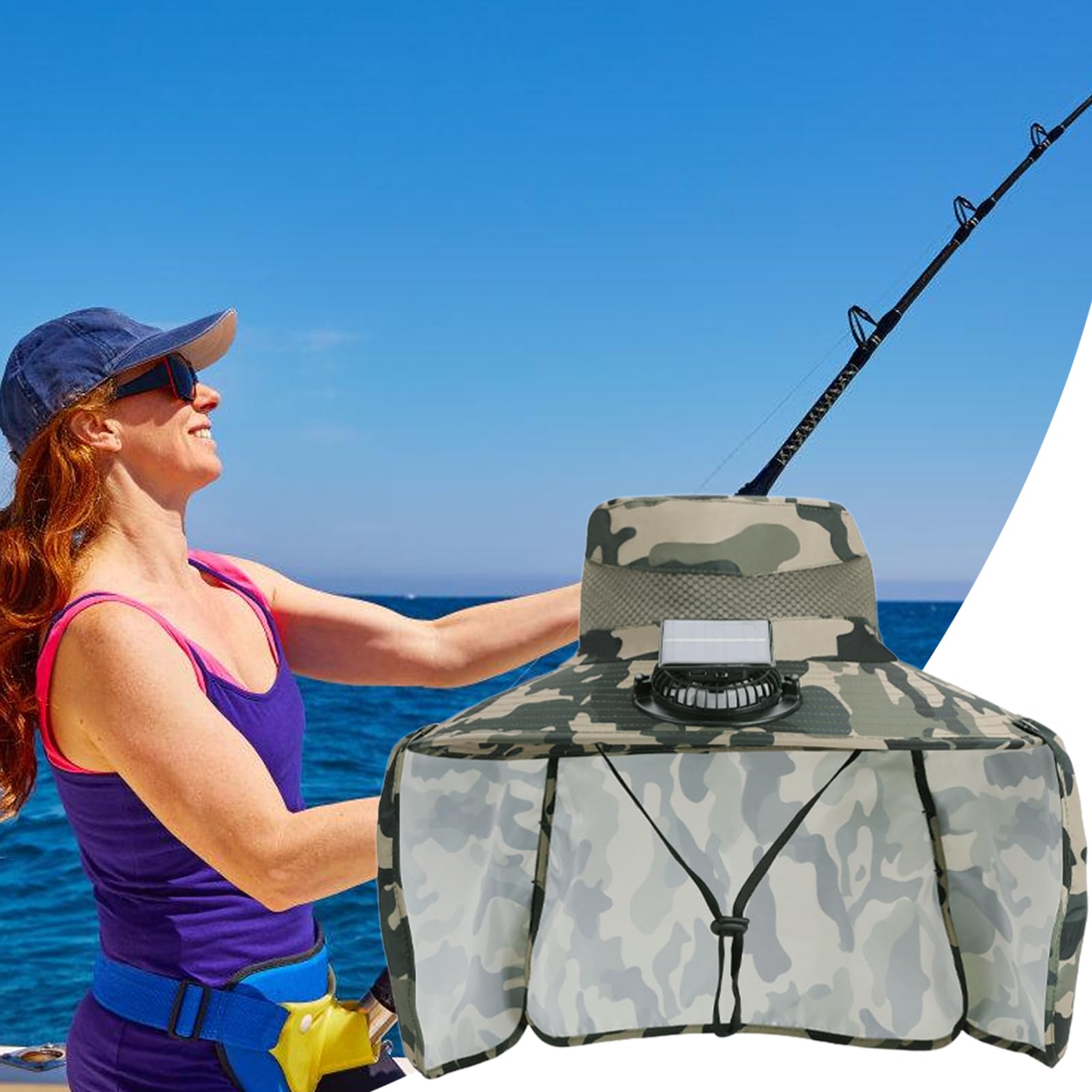 Cappello con ventole di energia solare – Berretto parasole da campeggio | Copertura ergonomica traspirante con ventilatore a energia solare rimovibile e protezione per il collo per escursioni, pesca