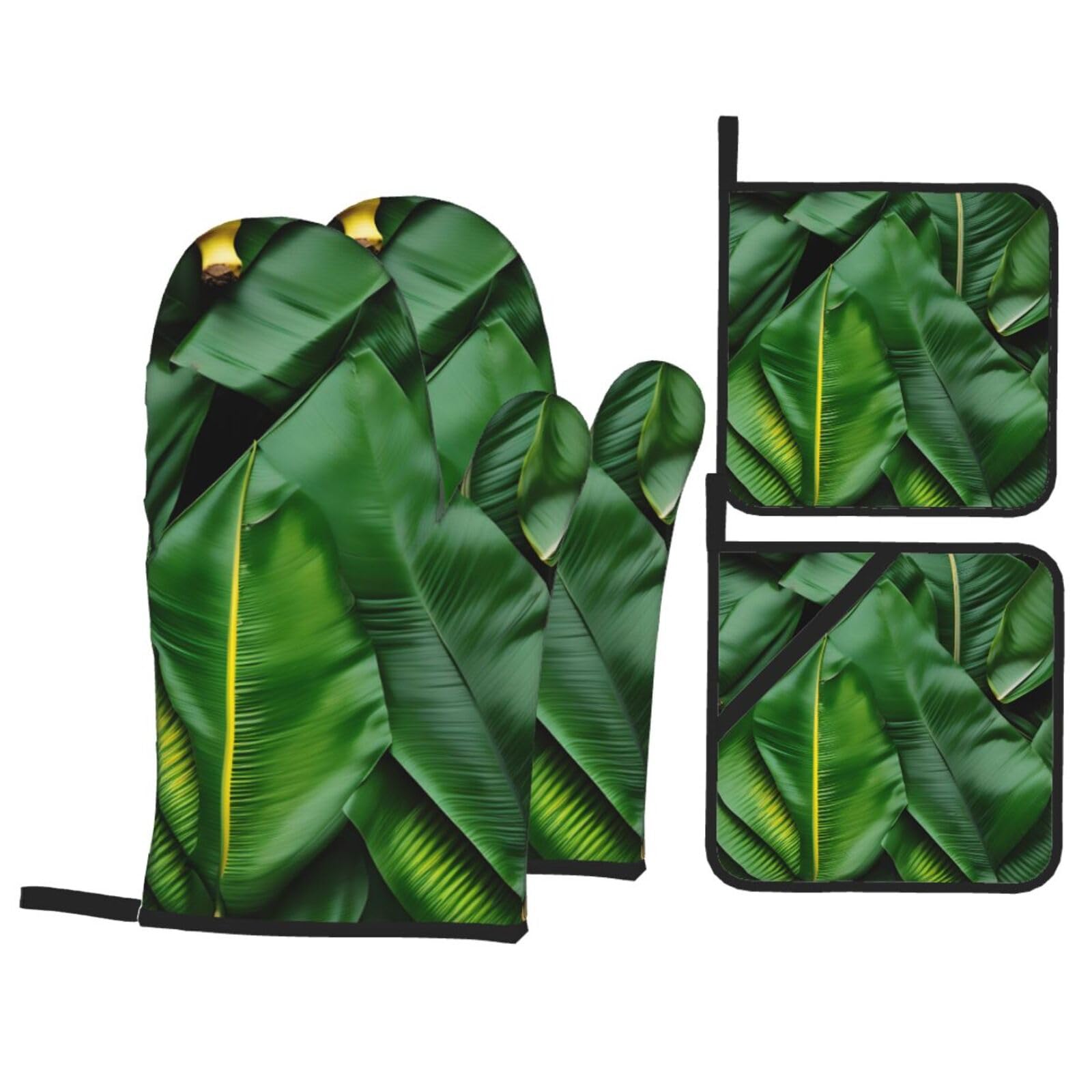Banana Leaves Print 4-Piece Oven Microwaving Set Waterproof Kitchen Gloves for Baking Grilling Cooking