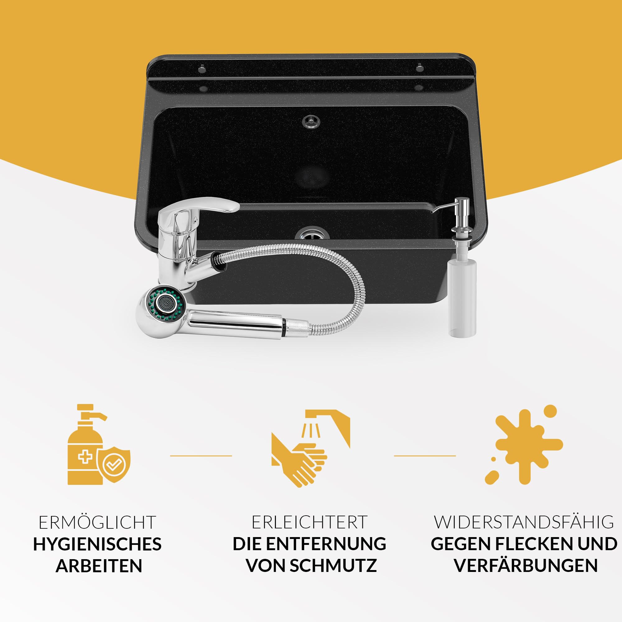 Granitan Ausgussbecken für Garage Keller Werkstatt - Universal Waschtrog mit Siphon - Waschbecken Wandmontage aus Polypropylen - 61x41x30 cm (Weiß + BETA Waschtischbatterie)