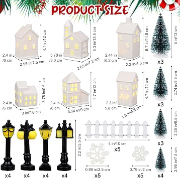 Fovths 39 Pieces LED Lighted Ceramic Winter Village Building Figurines and Accessories Desktop Ornament Set for Holiday Party Decor