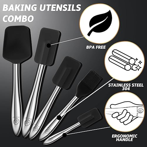 Miniatura 2 de 5pcs Silicone Kitchen Utensils Set Stainless Steel Handle - Silicone Spatula Set + Spoonula + Silicone Brush Heat Resistant - Great for Nonstick