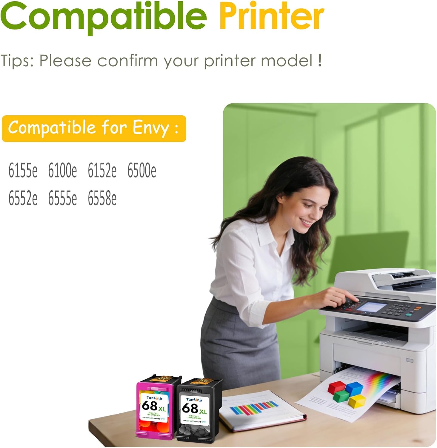 68XL (68e) Ink Cartridge Black/Color Combo Pack Replacement for HP Ink 68 68e Word for HP Envy 6155e, 6500e, 6552e, 6555e, 6558e, 6100e, 6152e Printer, High Yield 2 Pack
