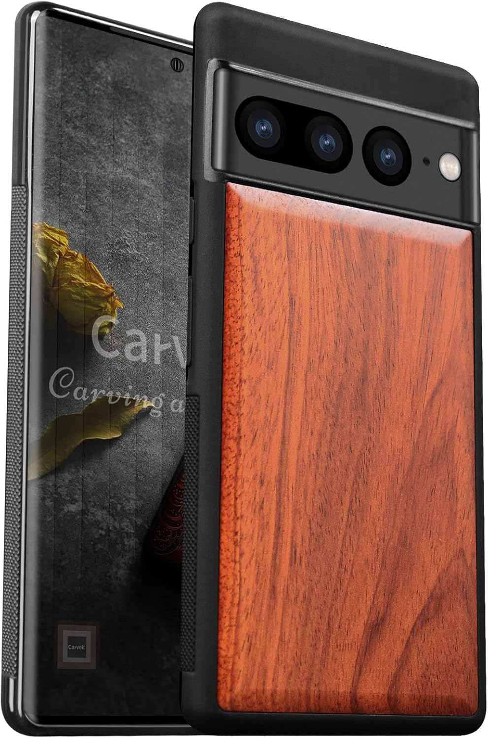 Carveit Wood Case for Pixel 7 Pro Case [Natural Wood & Black Soft TPU] Shockproof Protective Unique & Classy Wooden Cover Compatible with Google Pixel 7 Pro (Blackwood)