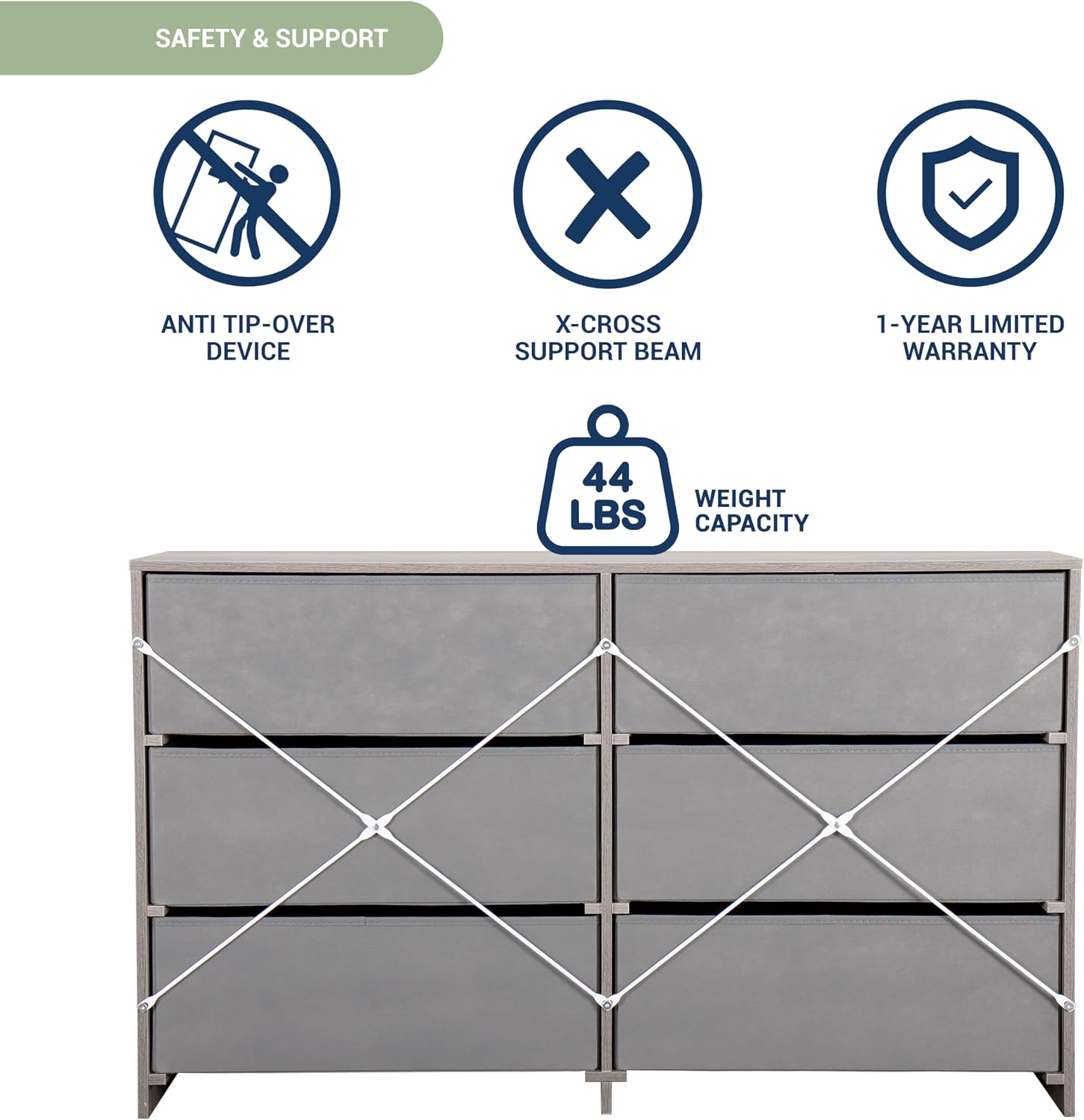 Modern 6-Drawer Dresser with Spacious Storage,Sturdy Wood Frame, and Large Capacity Drawers, Dressers for Bedroom, Home Organization Storage for Living Room or Hallway, Grey