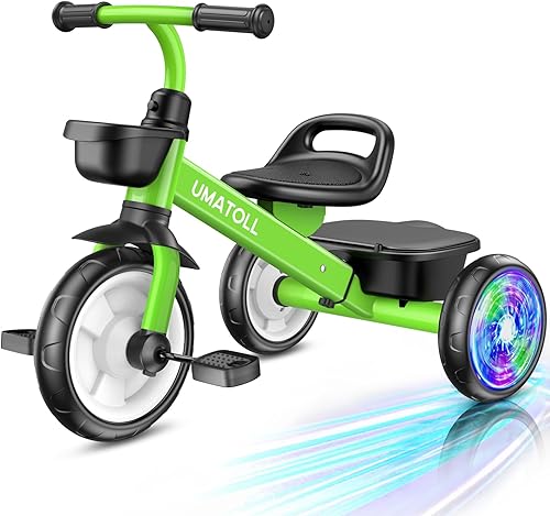 Umatoll Triciclo para niños pequeños de 2 a 5 años, bicicleta ajustable para niños y niñas de 2 a 4 años, triciclo con ruedas iluminadas, verde