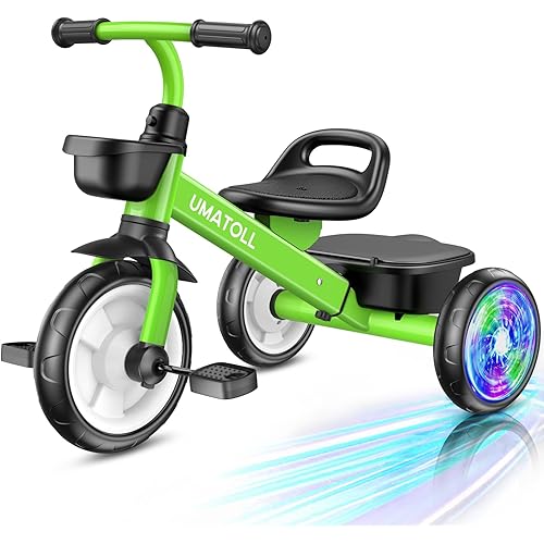 Umatoll Tricycle for Toddlers 2-5 Year Old, Ajustable Toddler Bike Outdoor Toys, Birthday Gift for Boy Girl Age 2-4, Trike with Light up Wheels (Green)
