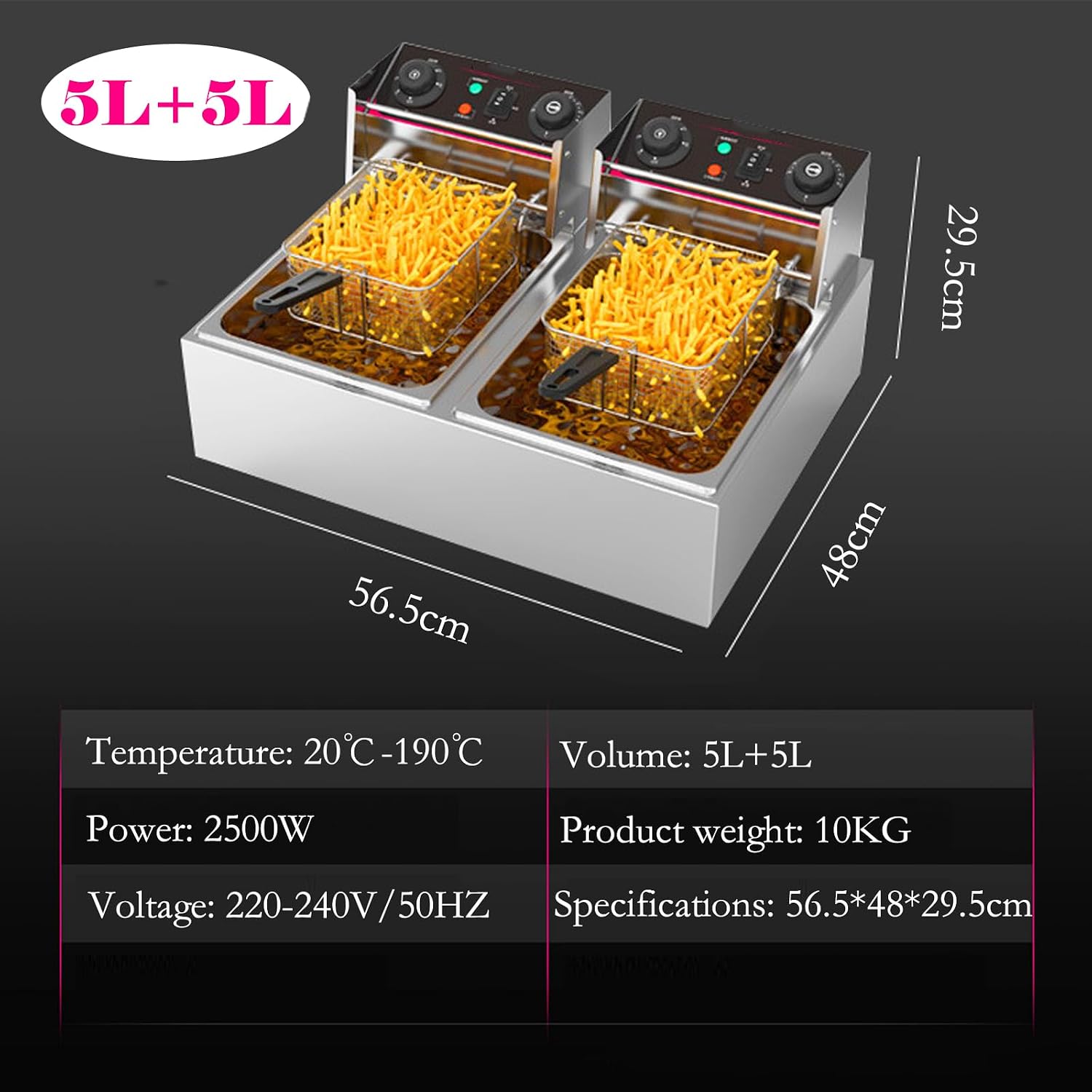Deep Fat Fryer 16 Litre, 6000W Fryers Easy Clean, Stainless Steel Fryer, Chip Pans with Basket and Lid, Temperature Control, Non-Slip, Commercial Double Frying Machine for Chips French Fries -5L+5L