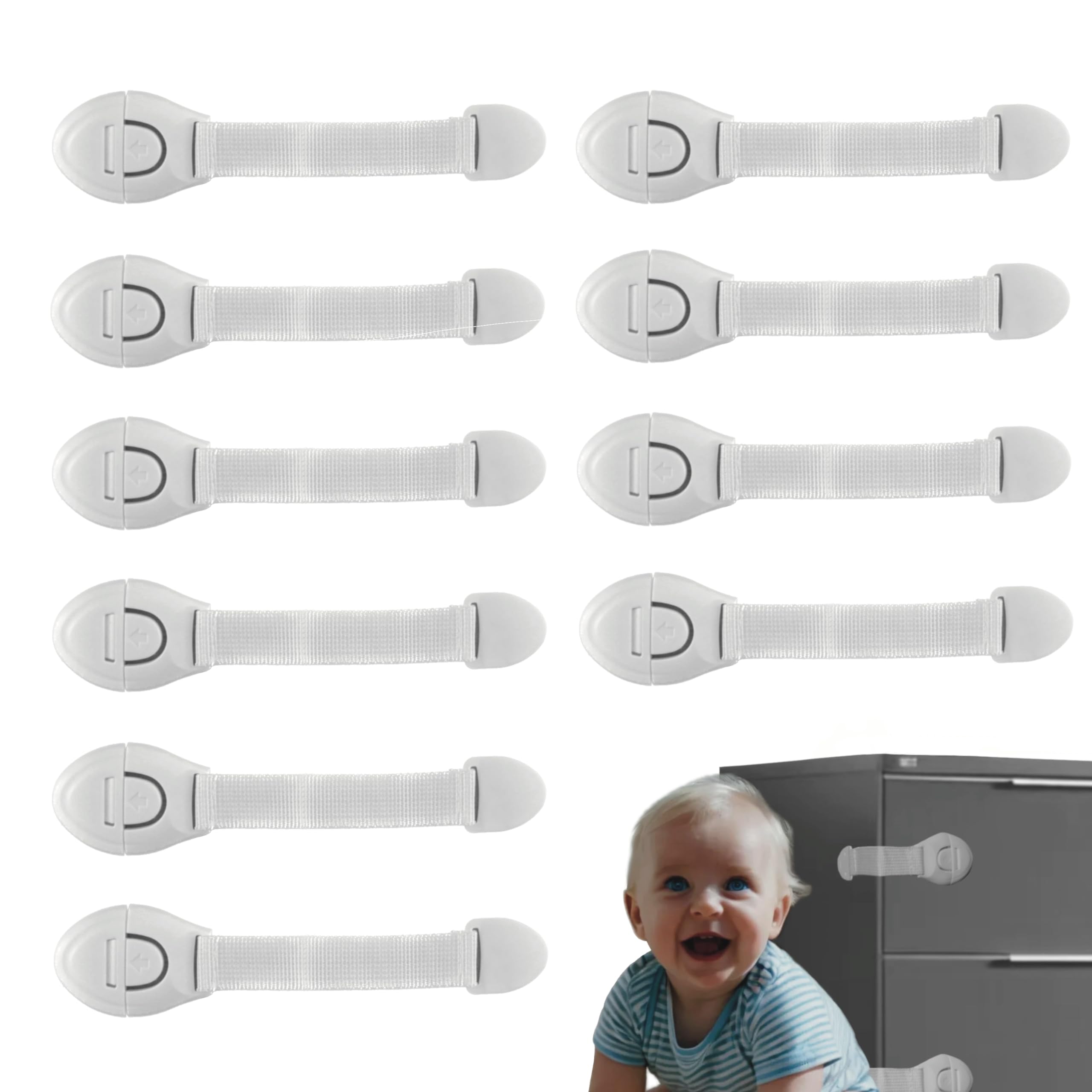 Chiusura Cassetti per Bambini Bianco 10 pz - Sicurezza Bambini, Blocca Porta, Ante, Cassetti, Finestre, Armadio, Frigorifero. Nessun Trapano Necessario