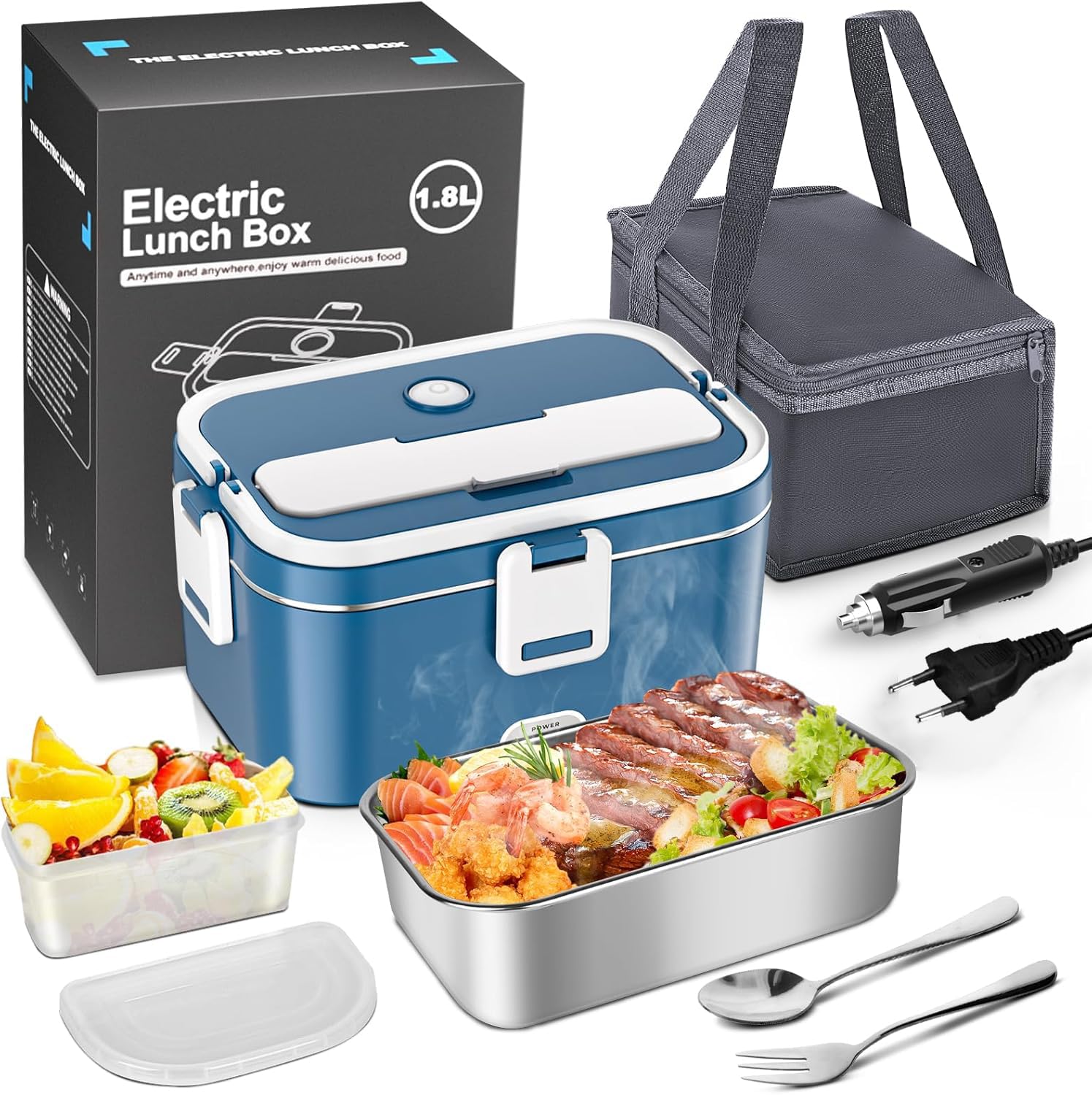 Elektryczny Podgrzewacz do Posiłków 1,8 L 100 W Lunch Box 12 V/24 V/240 V | Pojemnik na Żywność z Wyjmowanym Wkładem ze Stali Nierdzewnej i Torbą Transportową do Samochodu Ciężarówki i Biura