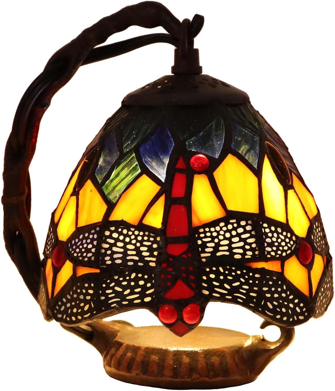 Bieye L10981 Tiffany Style Stained Glass Dragonfly Mini Table Lamp for Home Decor, 5.5" W x 7" H
