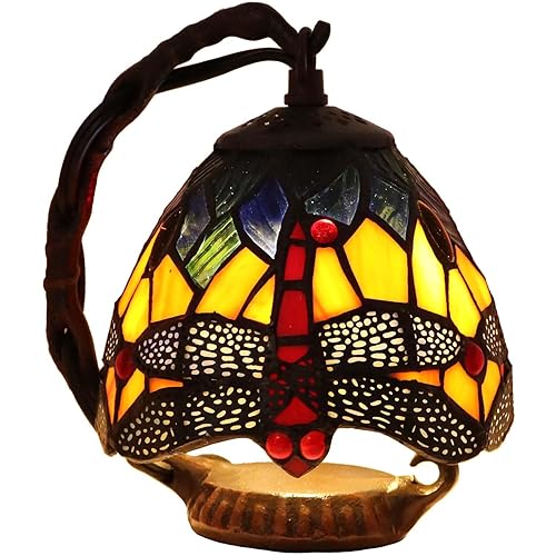 Bieye L10981 Tiffany Style Stained Glass Dragonfly Mini Table Lamp for Home Decor, 5.5" W x 7" H