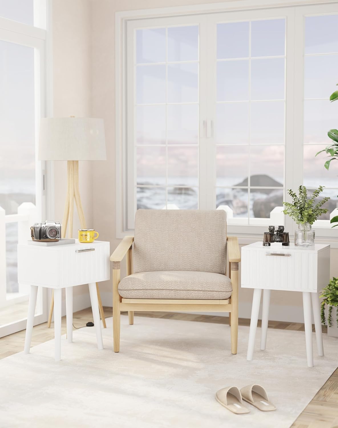 YMYNY Fluted Nightstand Set of 2, Small End Table, Modern Coffee Table with Drawer, Solid Wood Legs, Retaining Chain, 13.8" x 10.6" x 20.9", for Bedroom and Small Spaces, White UHST014W-2