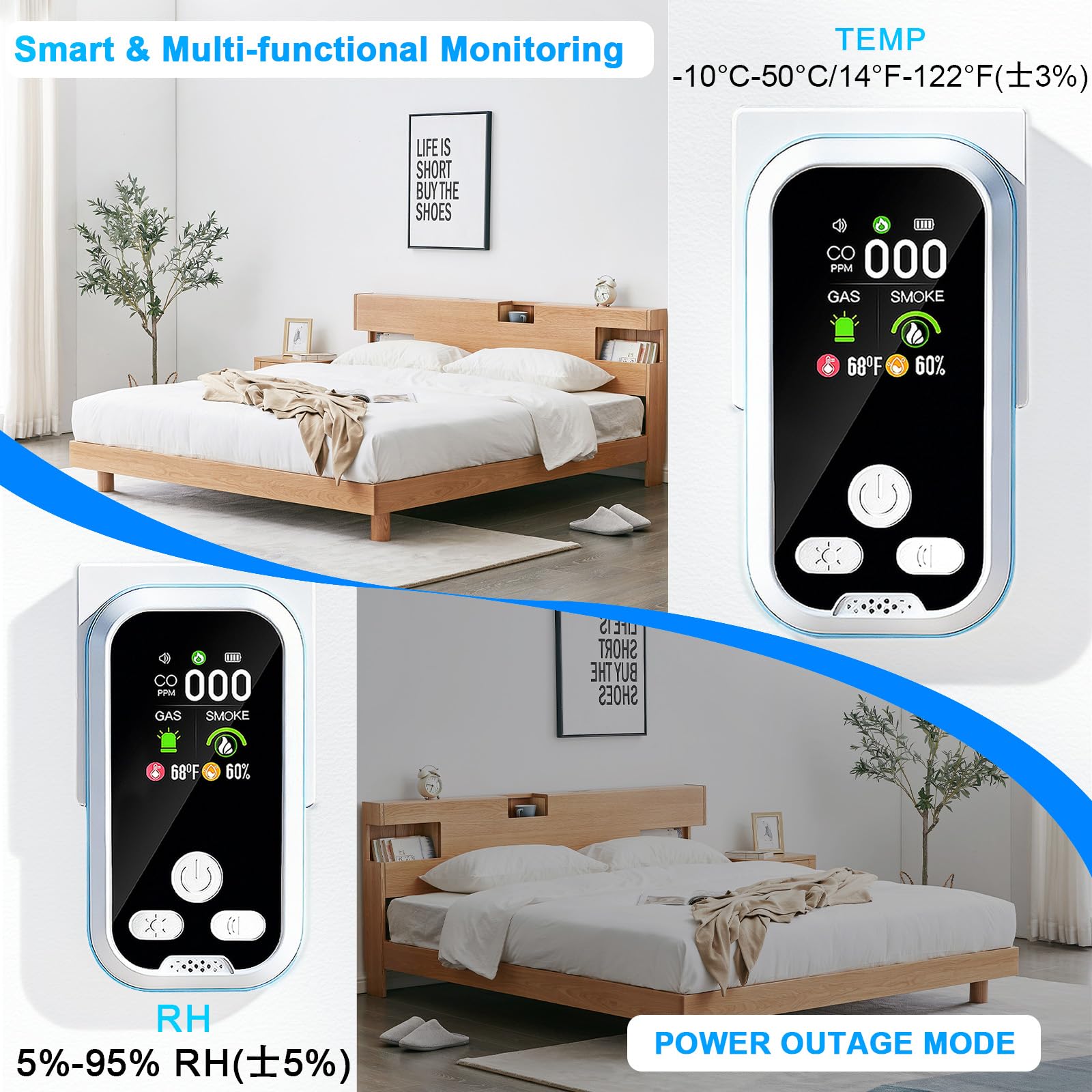 6 in1 Carbon Monoxide Detector Combo with HD Screen Monoxide Alarm Detects CO Natural Gas Smoke Temperature and — view 5