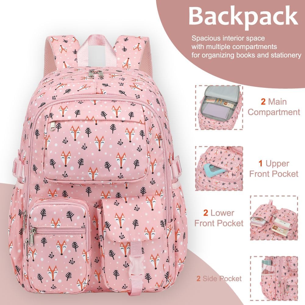 Girls Backpack Set for School Backpacks with Lunch Box Pencil Case 3 Piece Bookbags, Kids Elementary Teen Student Lightweight School Bag Set-Fox Pink - Image 2